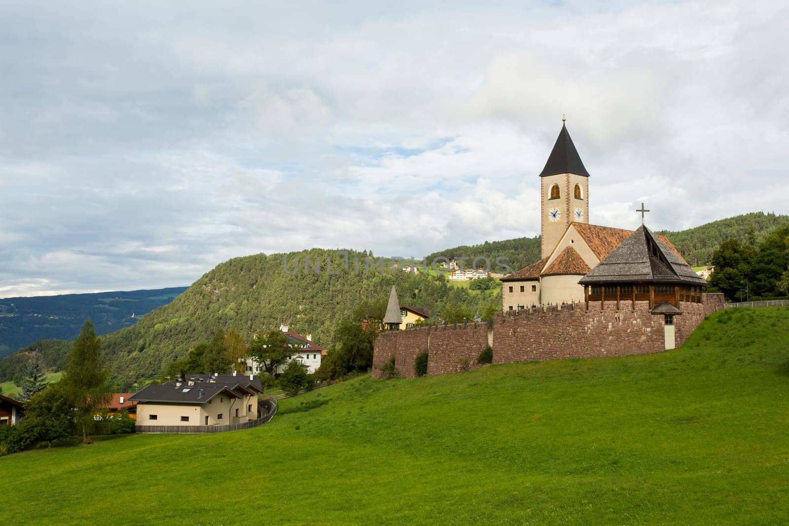 Seis Am Schlern, IT- September, 18. Panoramic view of Holy Cross Parish of Seis Am Schlern