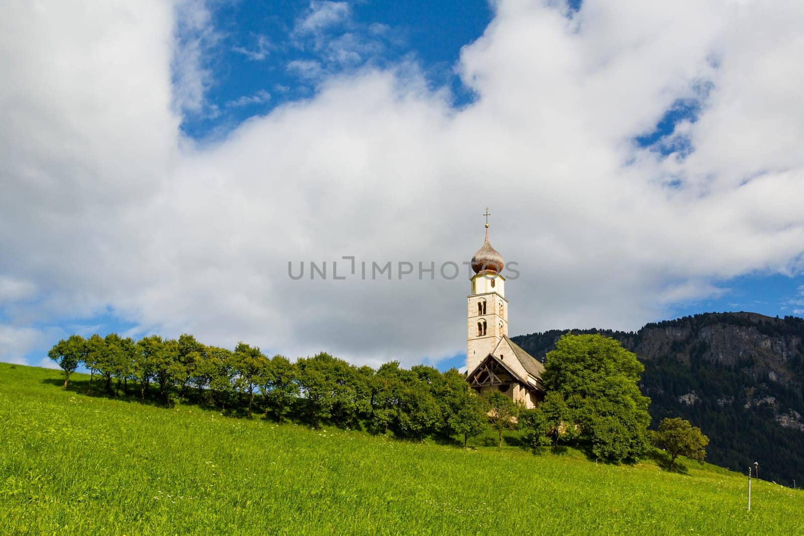 Seiser Alm Schlern, IT- September 19. View of a Saint Valentine church in a sunny day