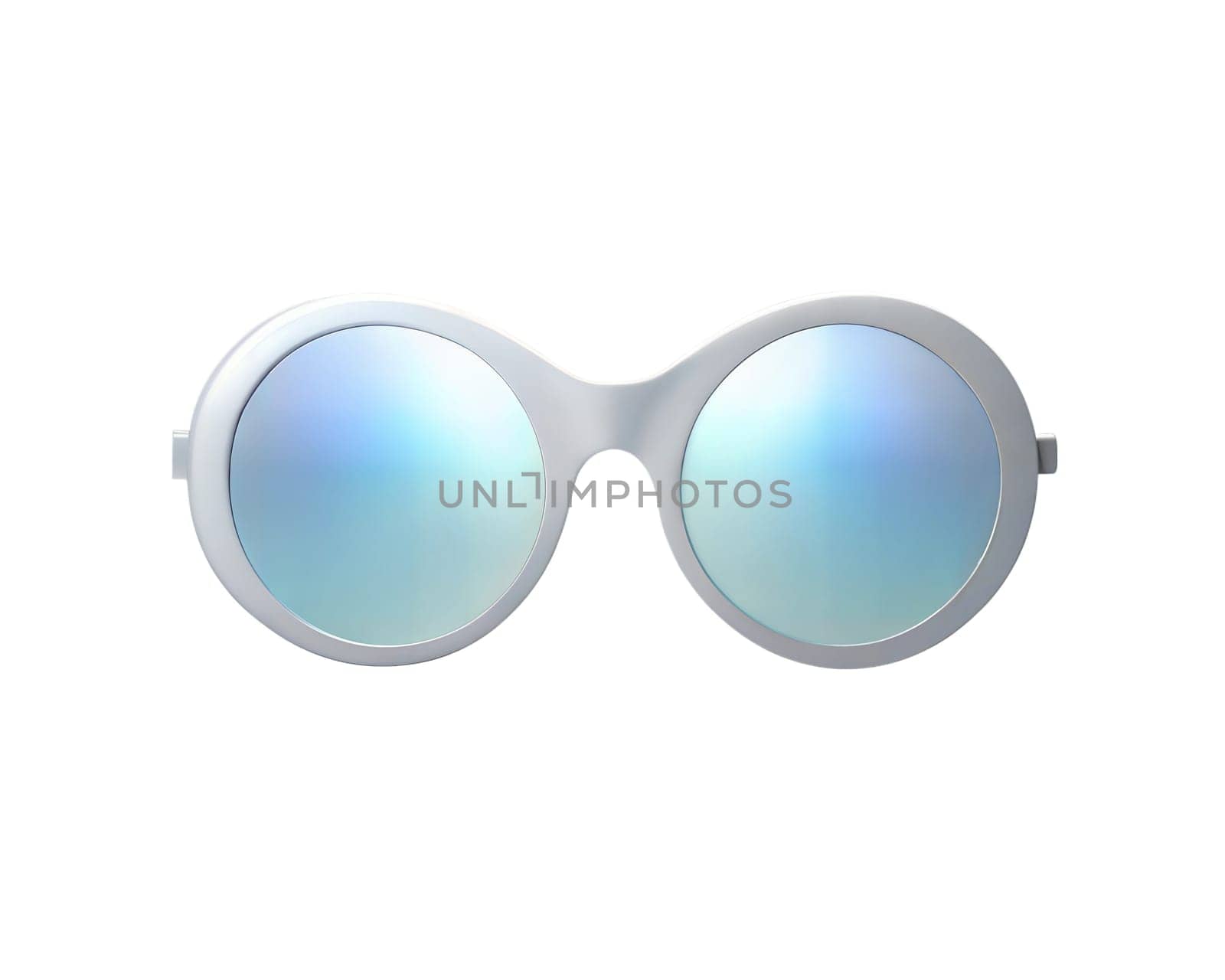 A stylish 3D holographic icon of round sunglasses with a reflective, colorful lens on a modern metallic frame, isolated on white background. Ideal for fashion, accessories, and digital design.