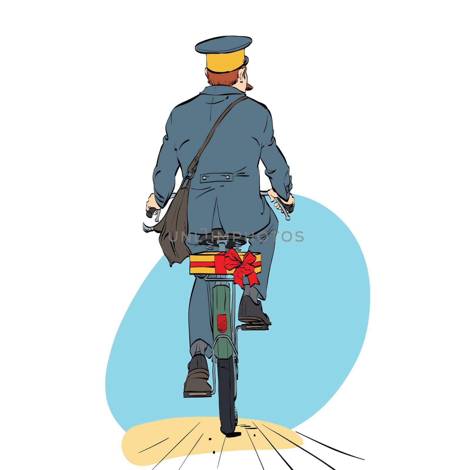 Retro postman on bike rides with sending gift. A professional employee. Mail and message delivery. Holidays and events