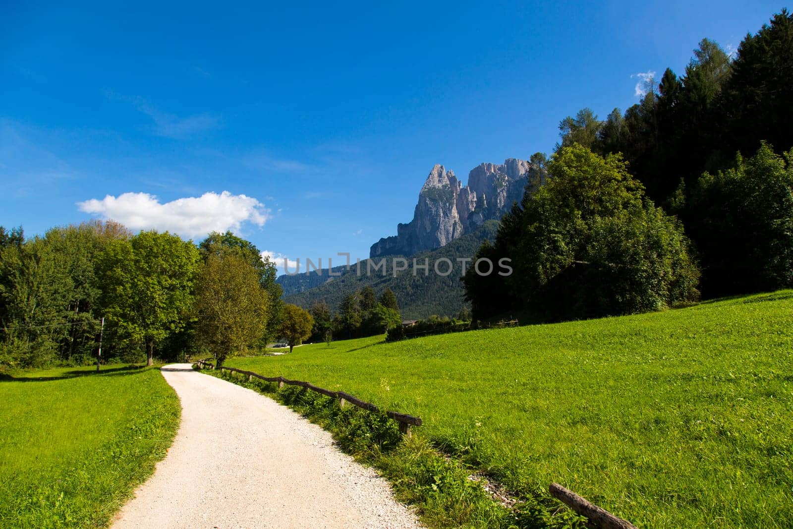 View of a passable trail walk with green fields and mountain range in the background and bllue sky