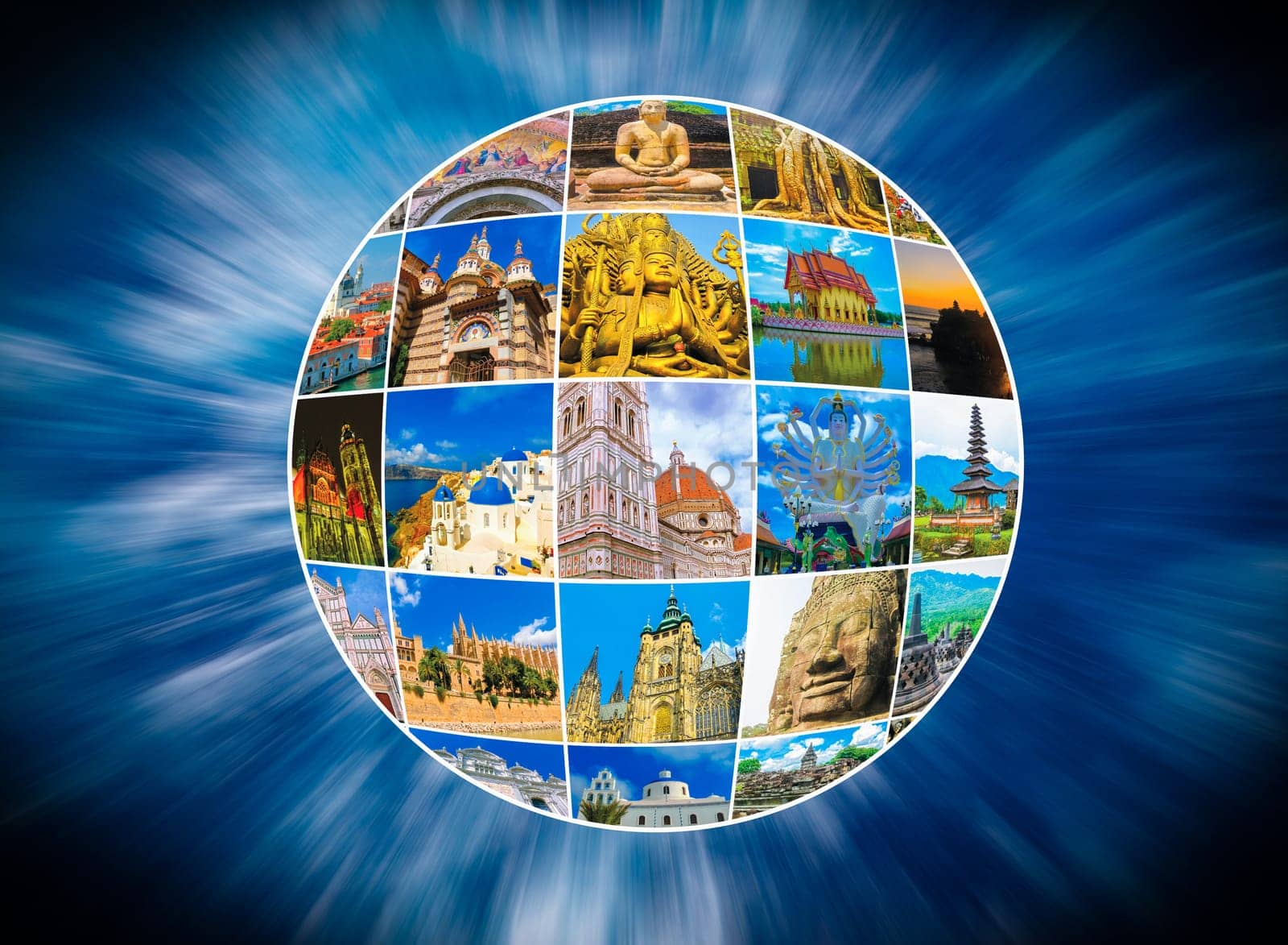 World Monuments Collage - from different religions from Bali, Thailand at Asia and Florens, Spain in Europe