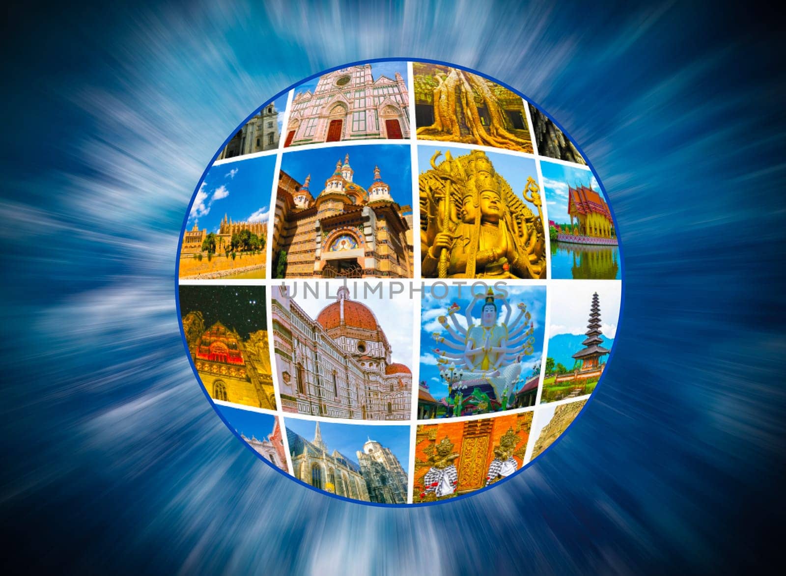 World Monuments Collage - from different religions from Bali, Thailand at Asia and Florens, Spain in Europe