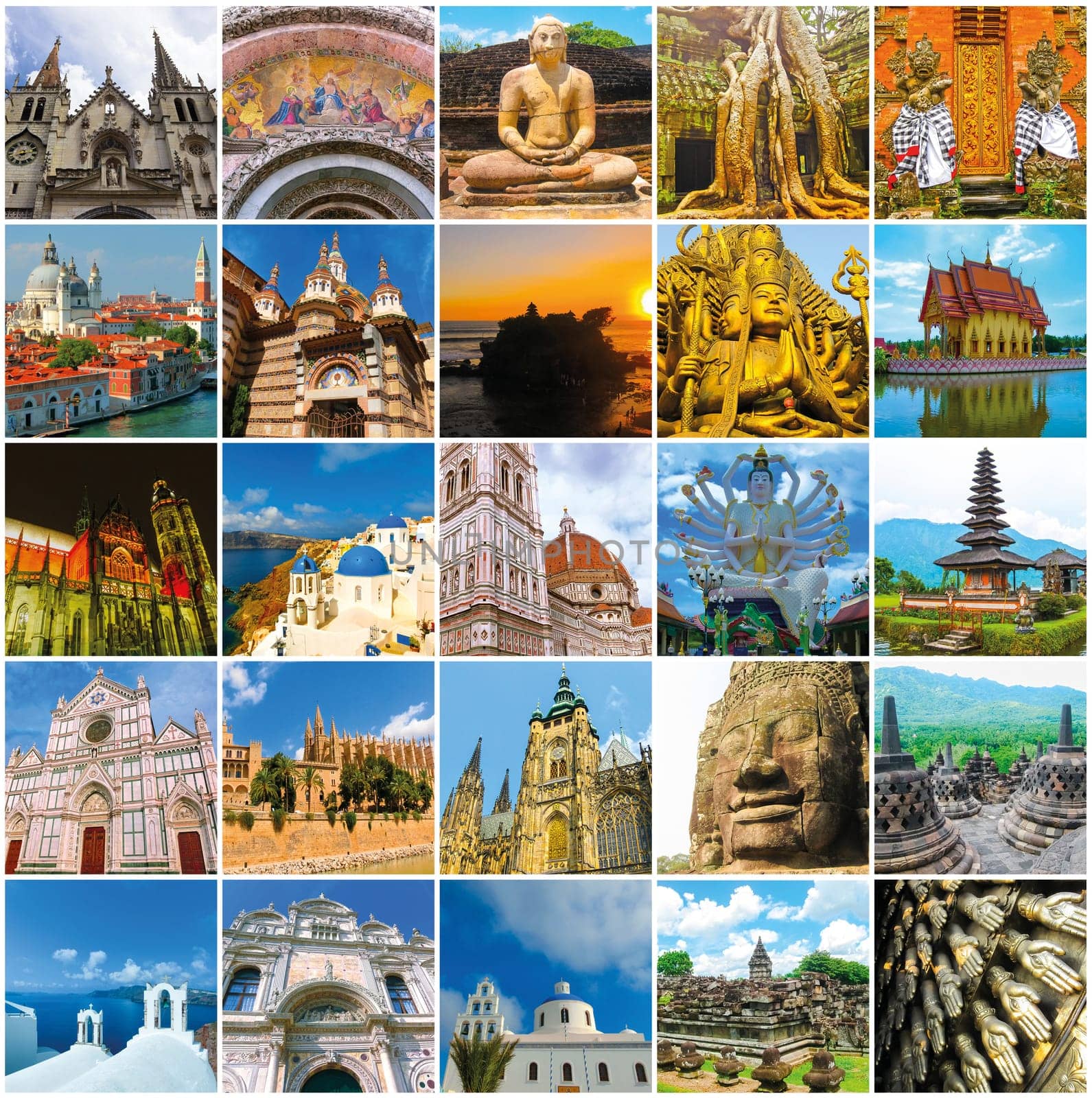 World Monuments Collage - from different religions from Bali, Thailand, Cambodia at Asia and Florens, Spain, Santorini, Venice in Europe