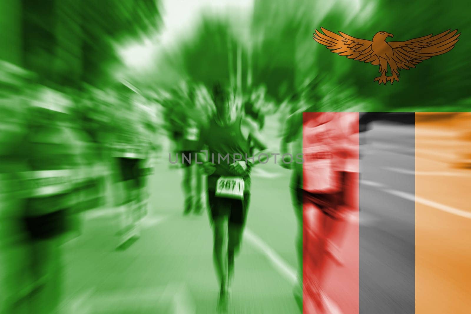 marathon runner motion blur blending with zambia flag