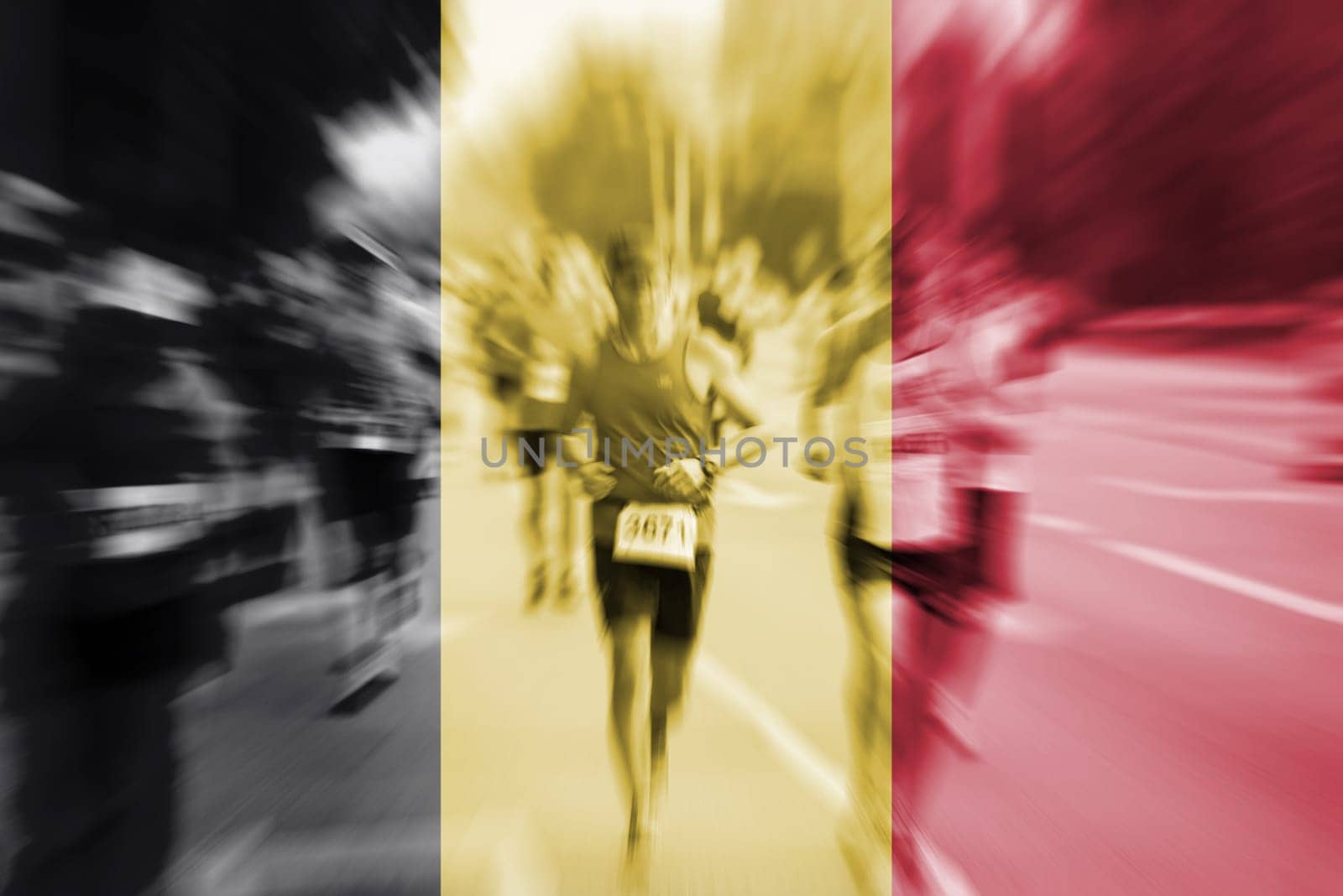 marathon runner motion blur blending with belgium flag