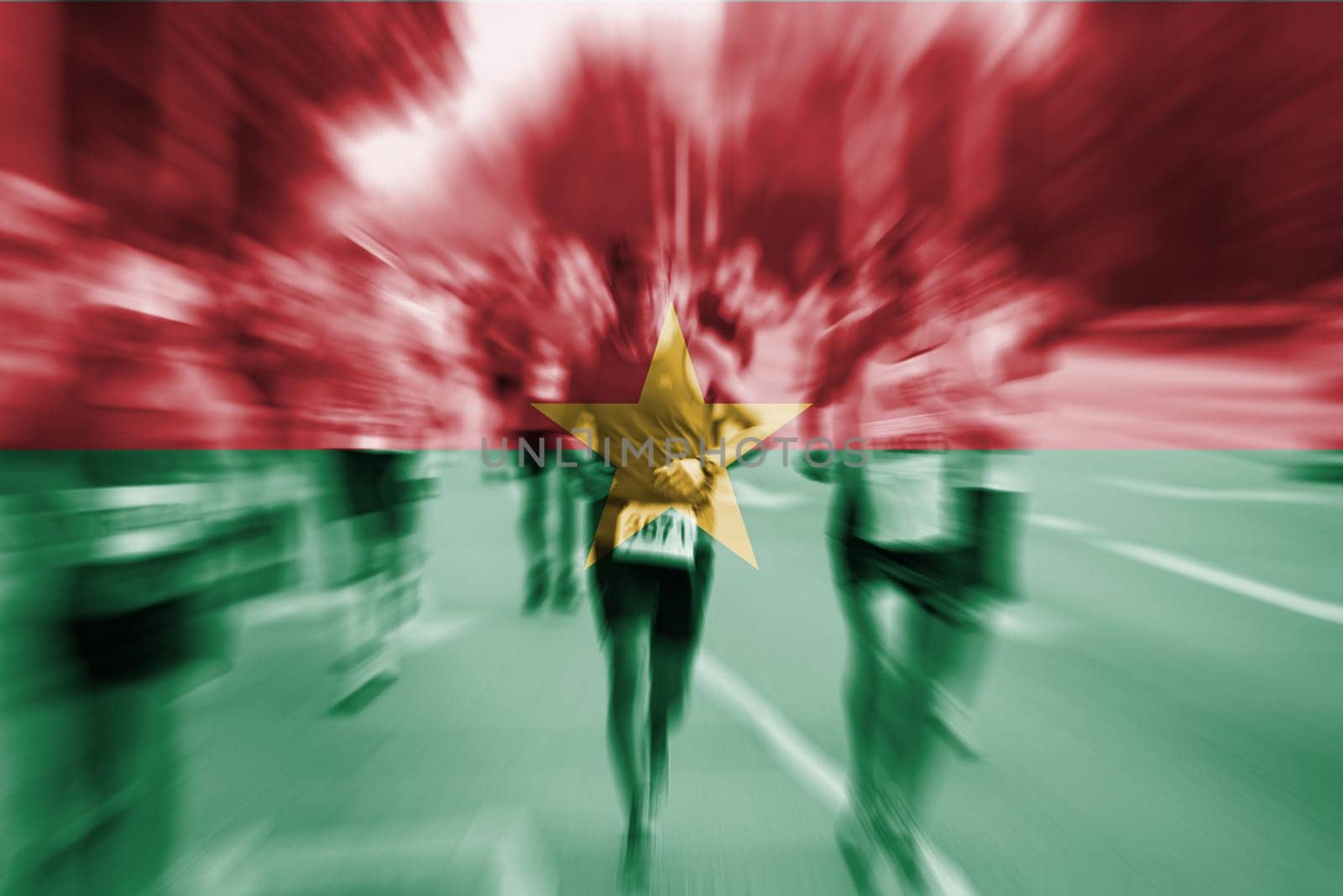 marathon runner motion blur blending with burkina faso flag