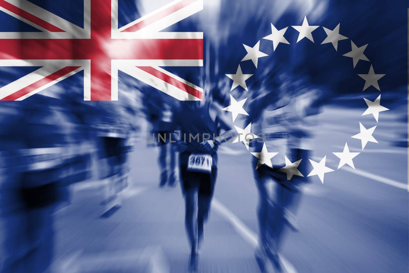 marathon runner motion blur blending with cook islands flag