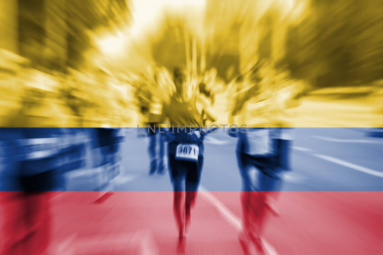 marathon runner motion blur blending with colombia flag