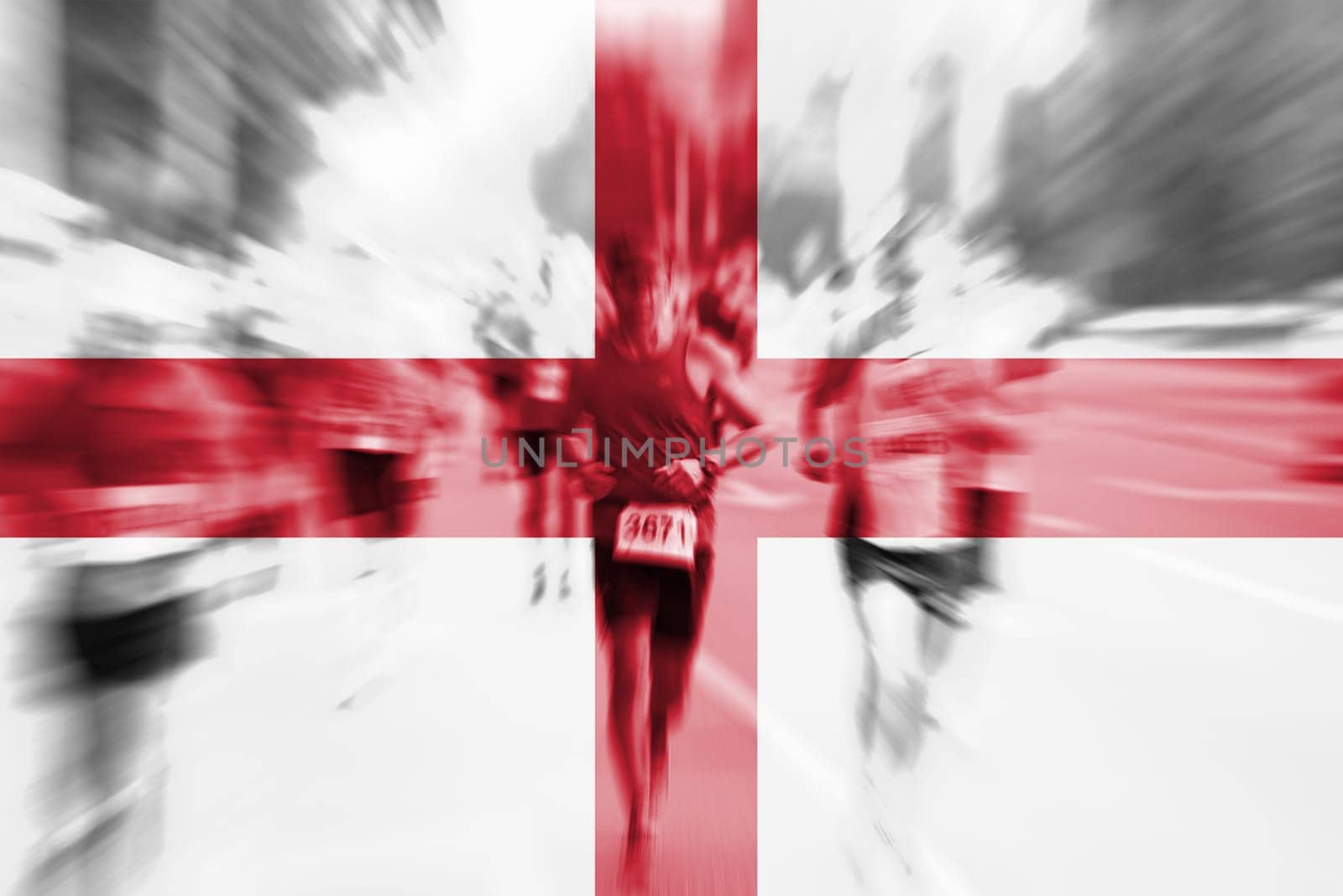 marathon runner motion blur blending with england flag