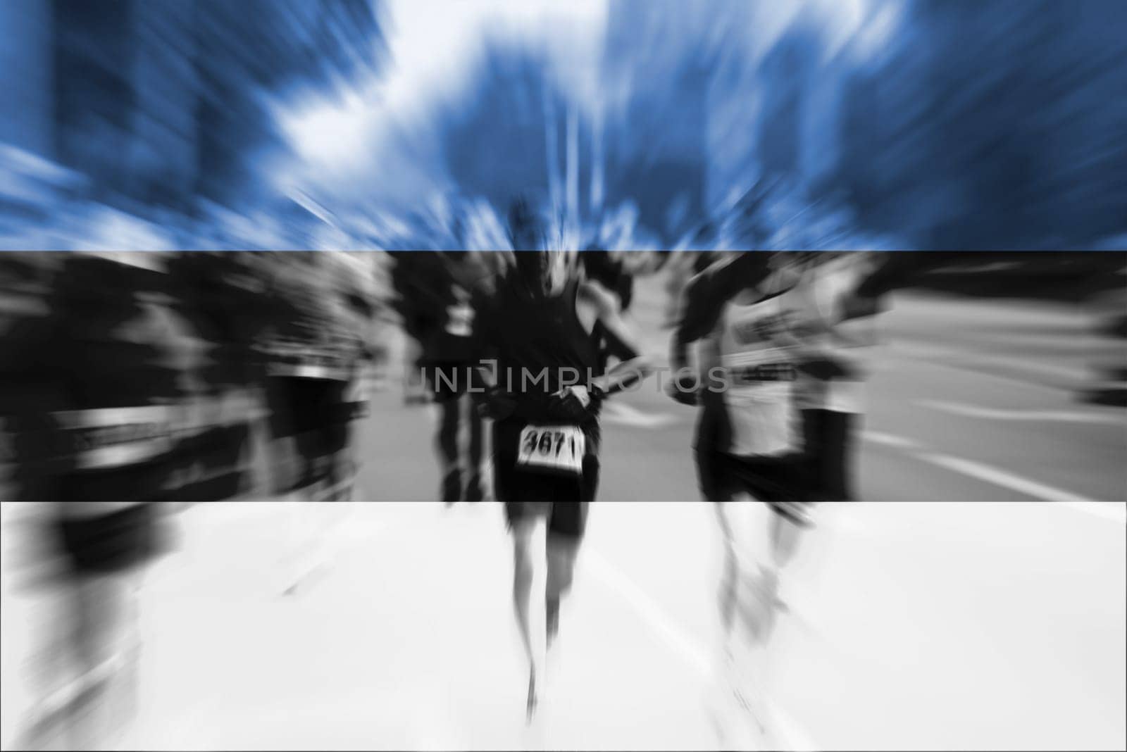marathon runner motion blur blending with estonia flag