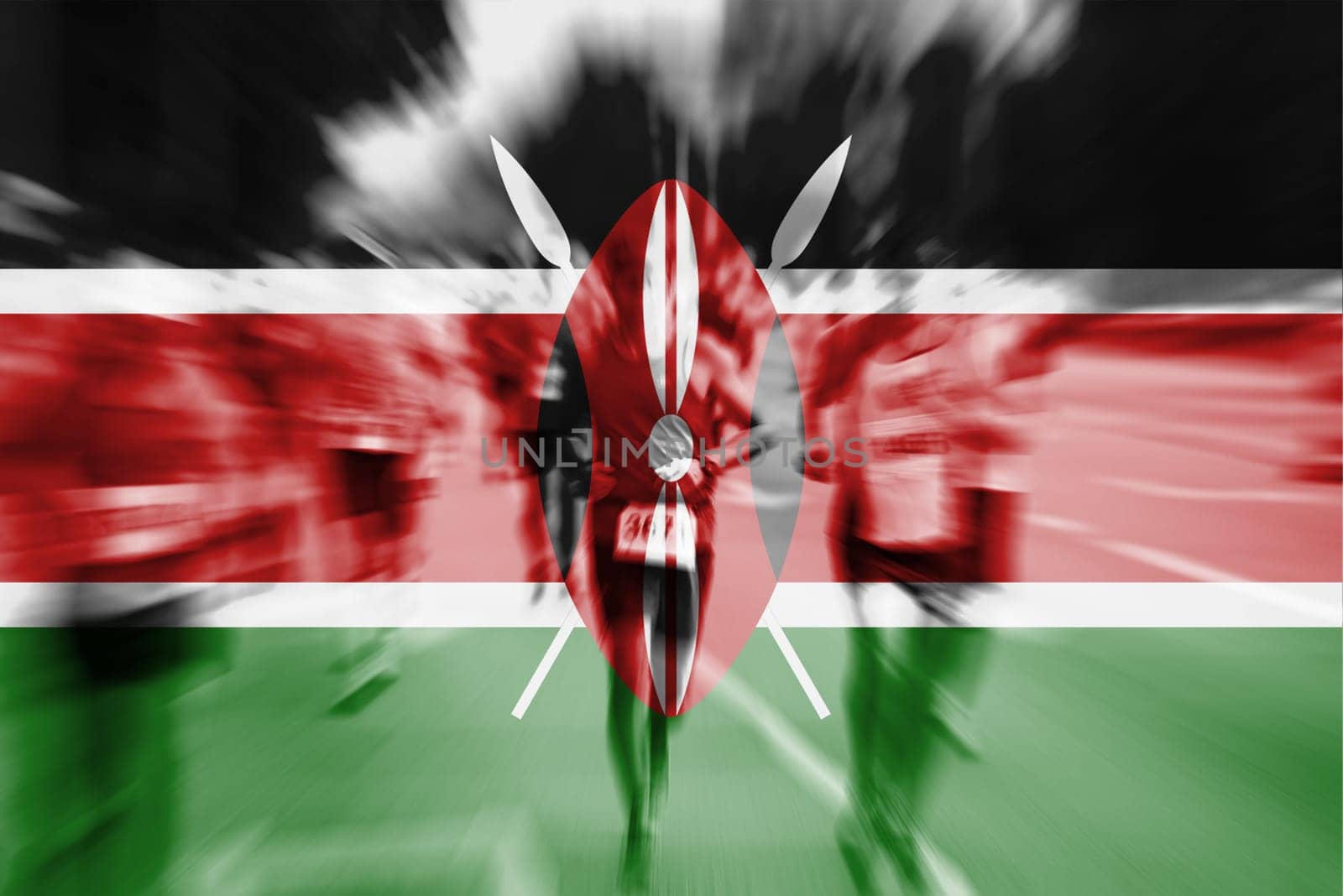 marathon runner motion blur blending with kenya flag