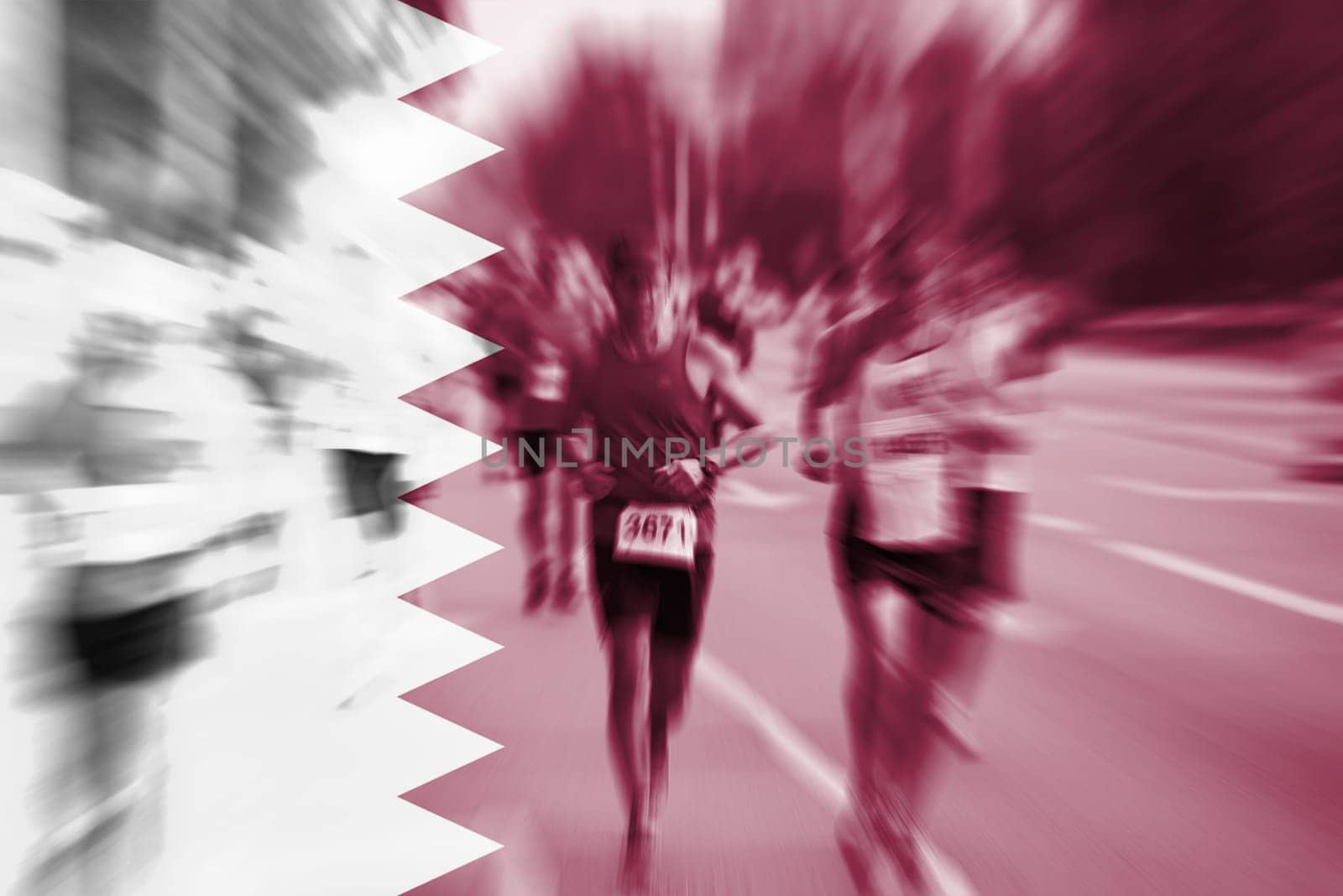 marathon runner motion blur blending with qatar flag