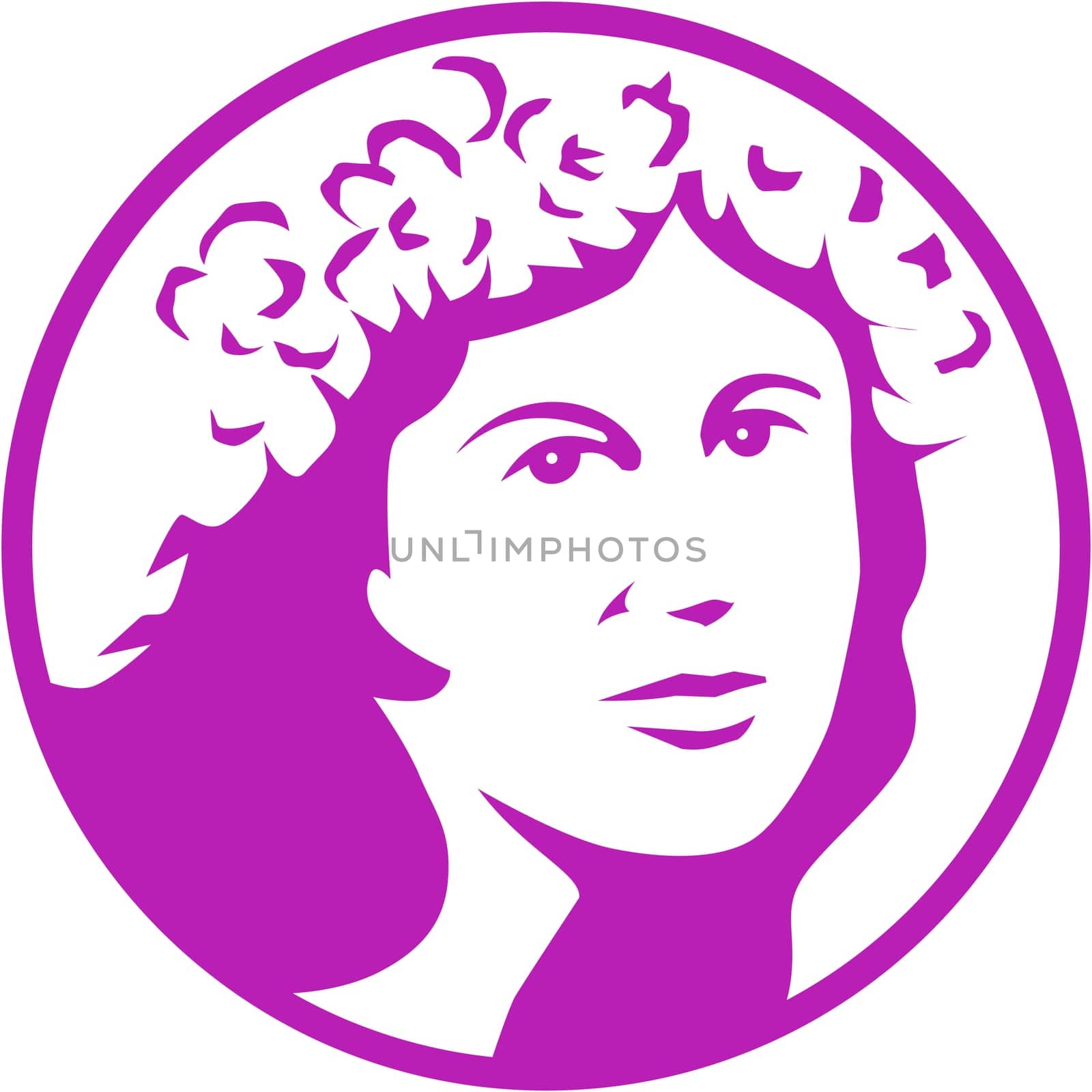 Illustration of a woman with crown of flowers viewed from front set inside circle done in retro style.