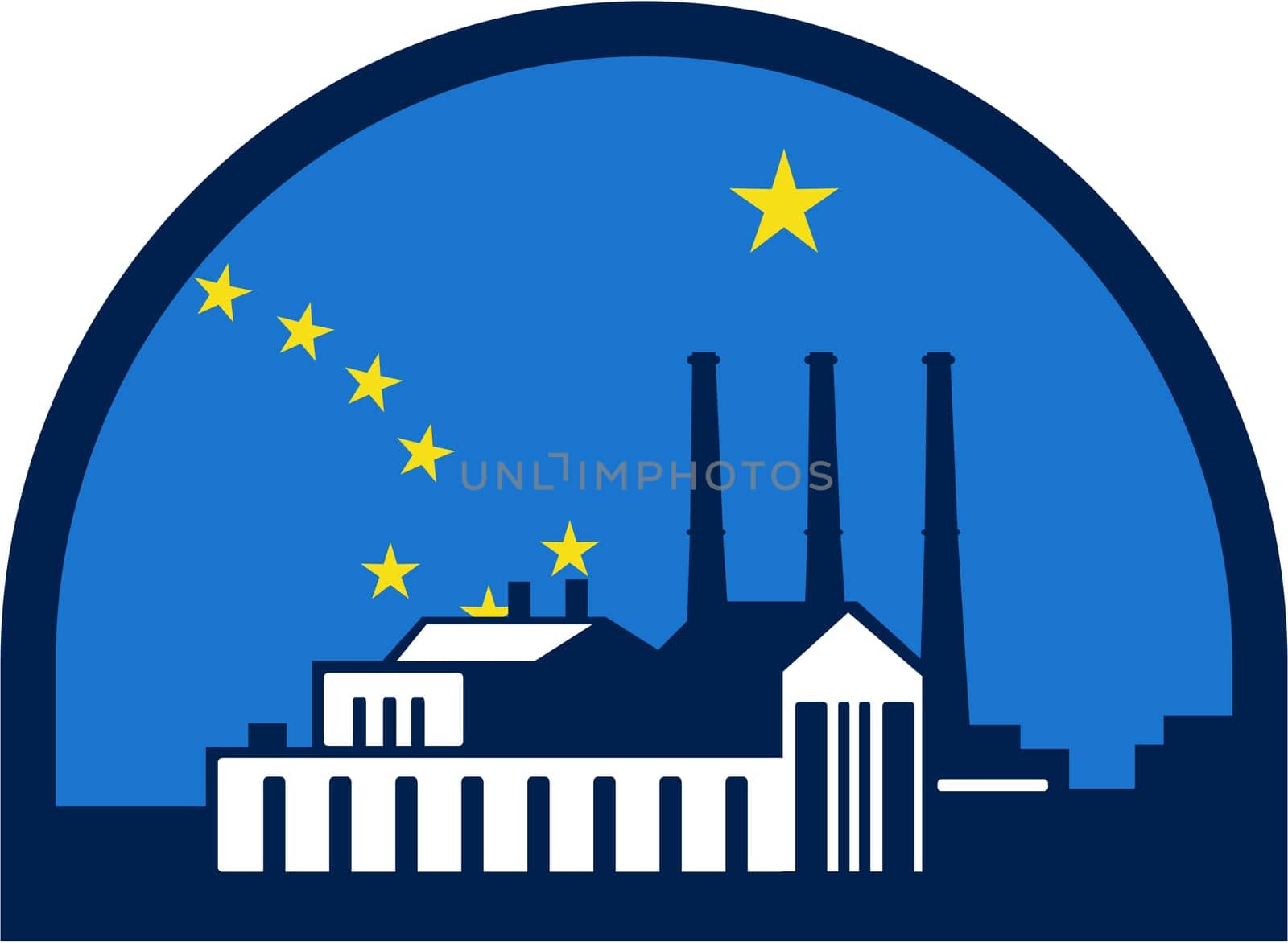Illustration of a power plant set inside half circle with alaska flag in the background done in retro style.