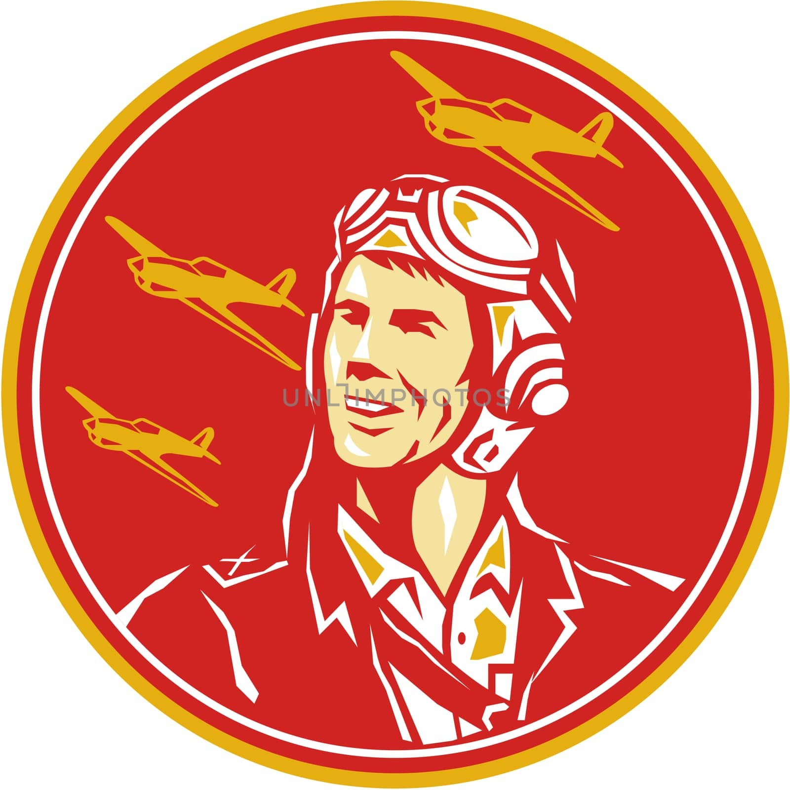 Illustration of a world war two pilot airman aviator smiling looking to the side with fighter planes in the background set inside circle done in retro style.
