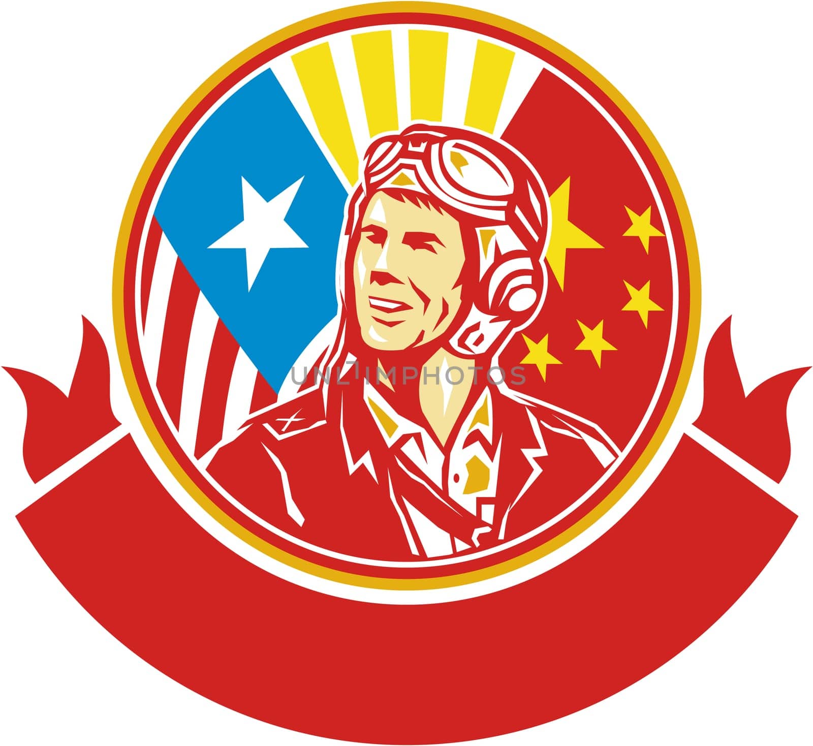Illustration of a world war two pilot airman aviator smiling looking to the side with USA and China flags in the background in the background set inside circle done in retro style.