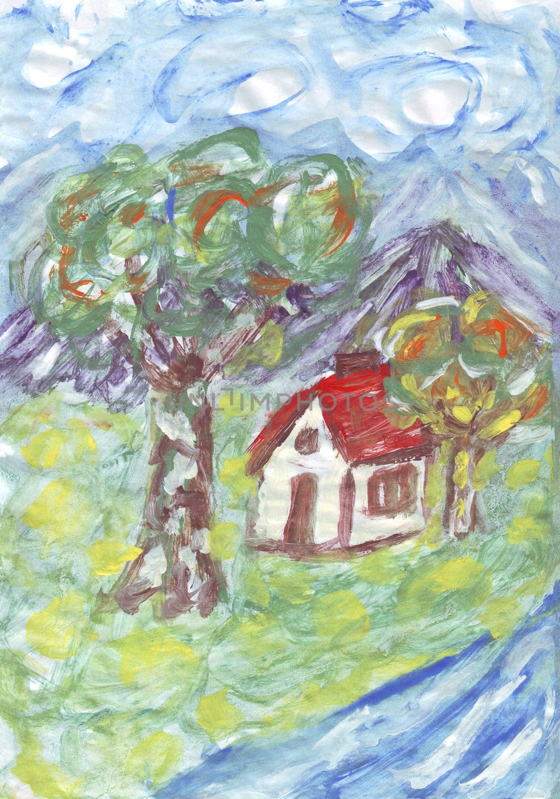 Small cottage near a river acrylic painting.