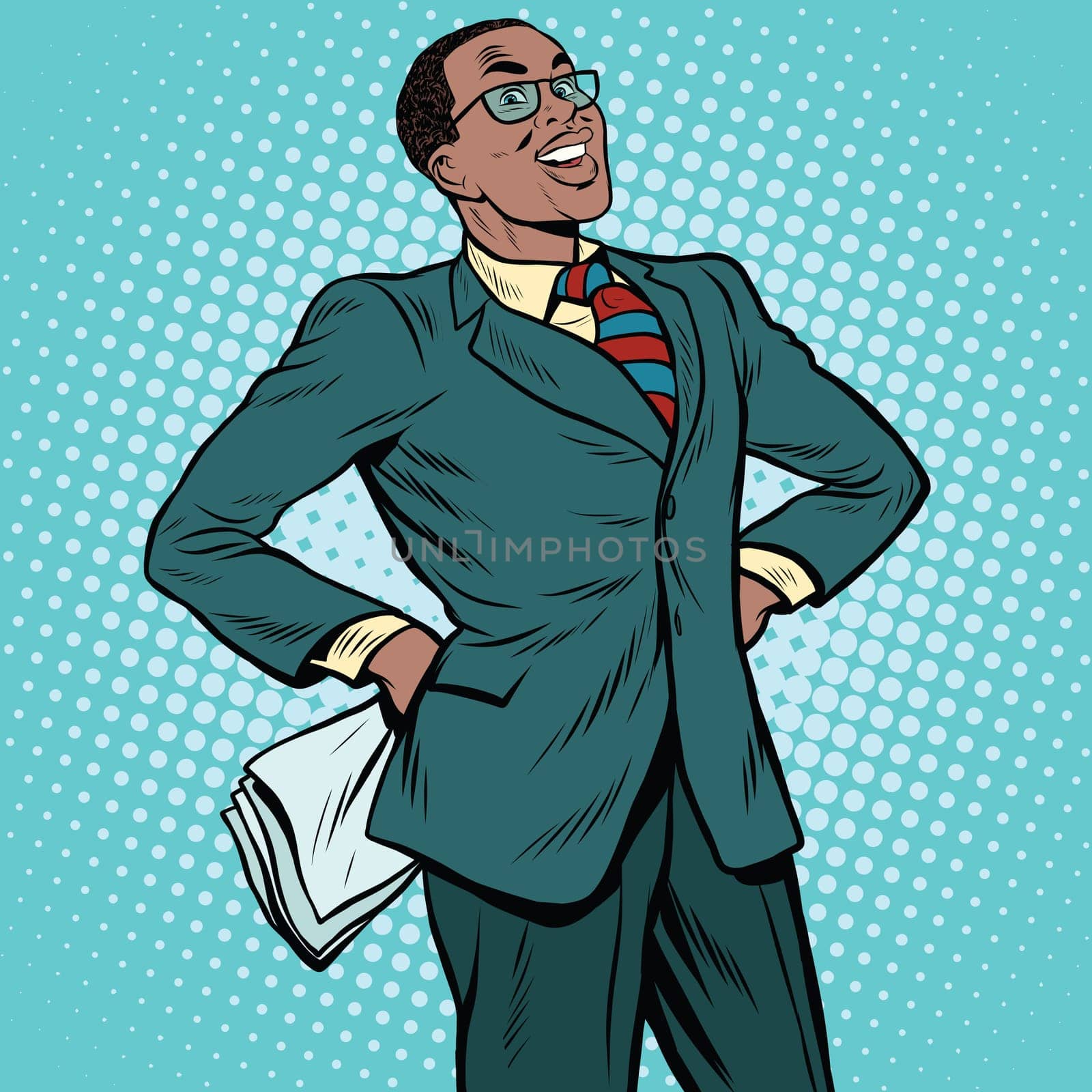 Confident African businessman pop art retro illustration. African American people