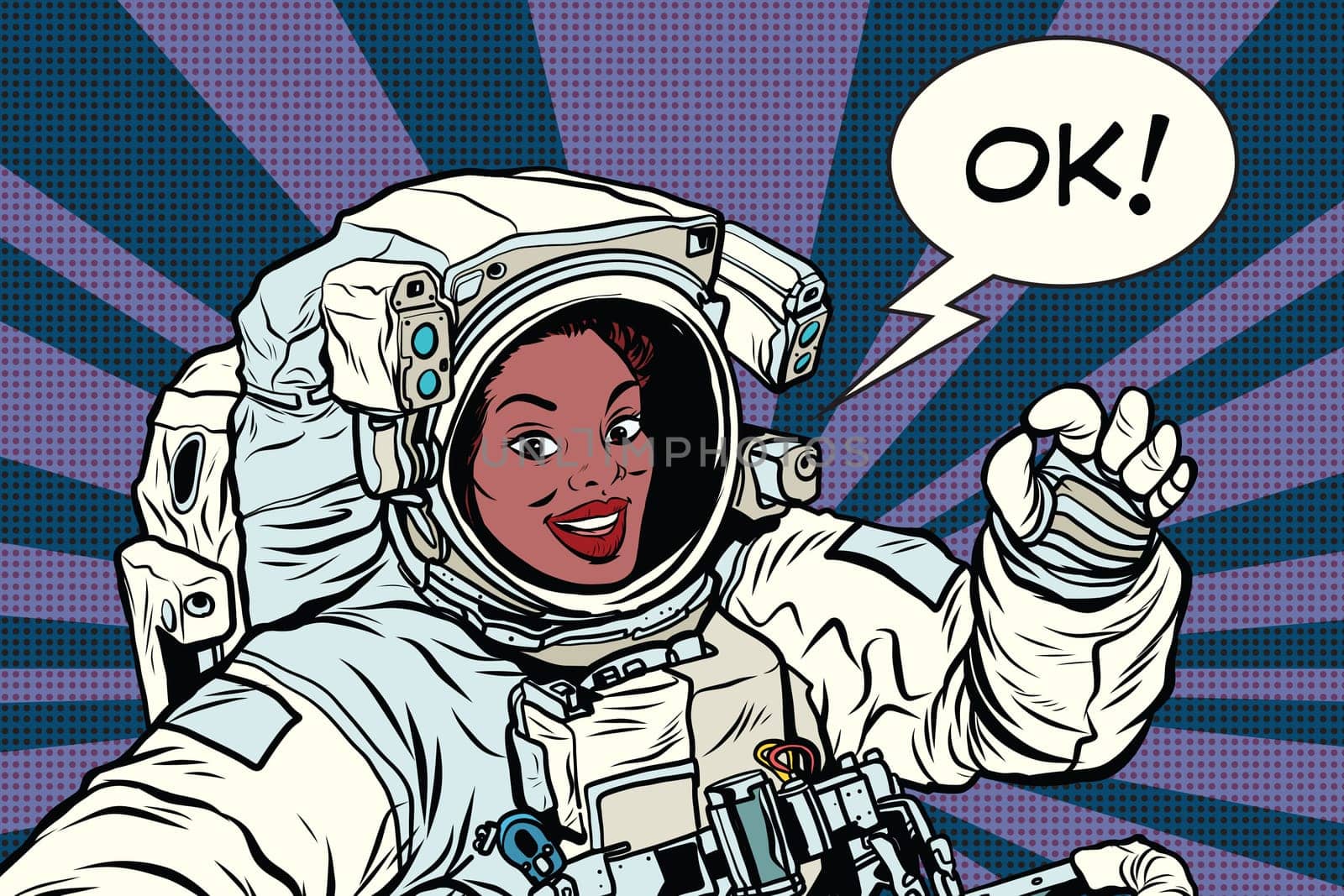 OK gesture woman astronaut in a spacesuit, pop art retro comic book vector illustration
