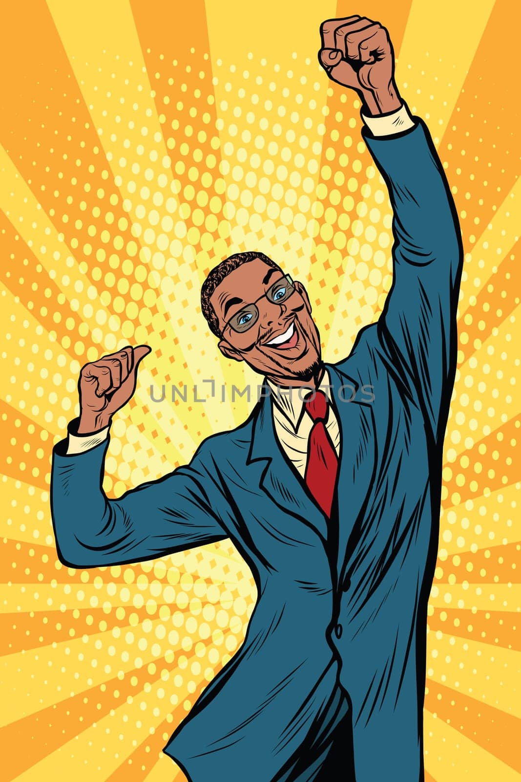 happy male businessman winner emotions, pop art retro comic book vector illustration