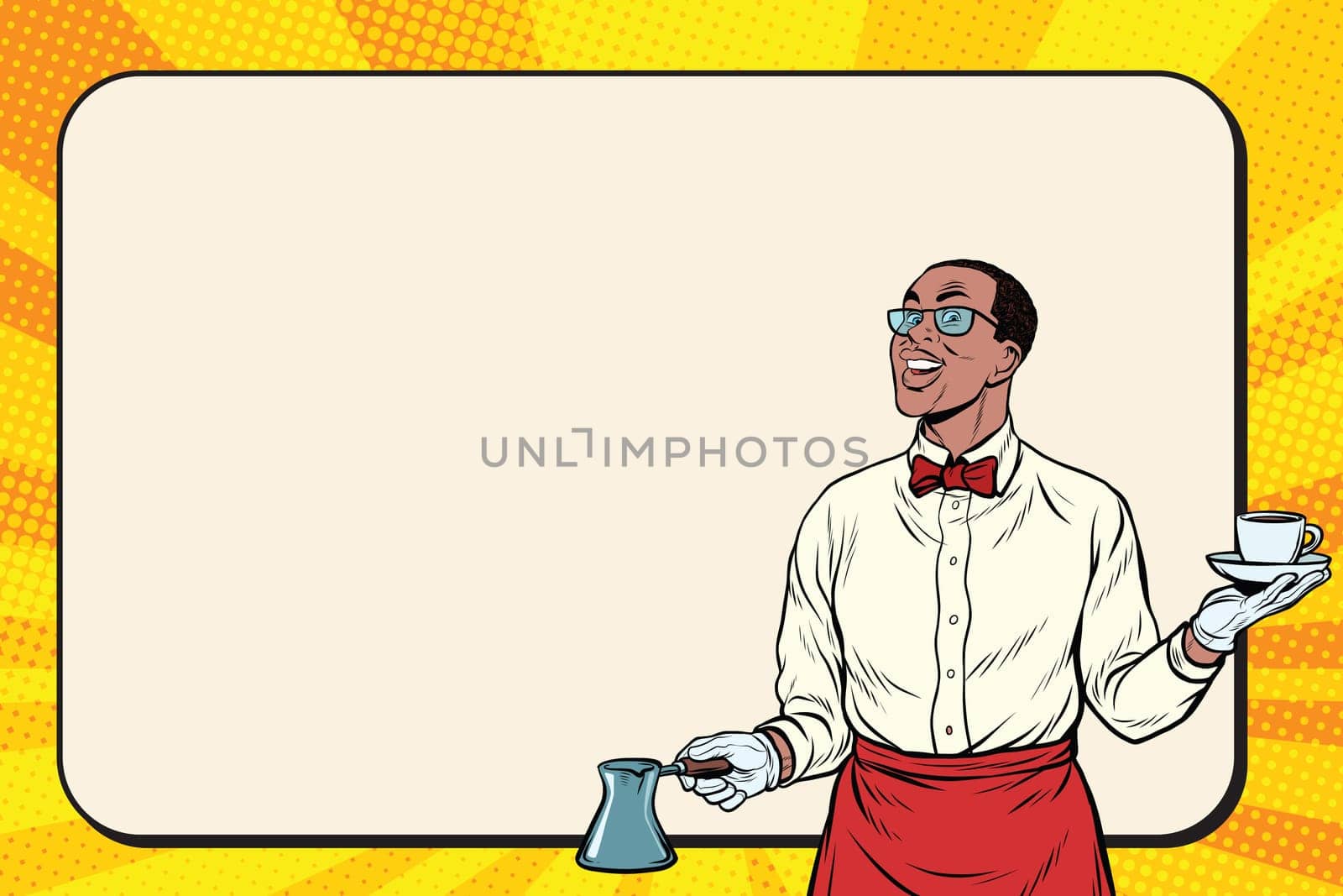 African American Barista made freshly ground coffee, pop art retro illustration. Billboard copy space background