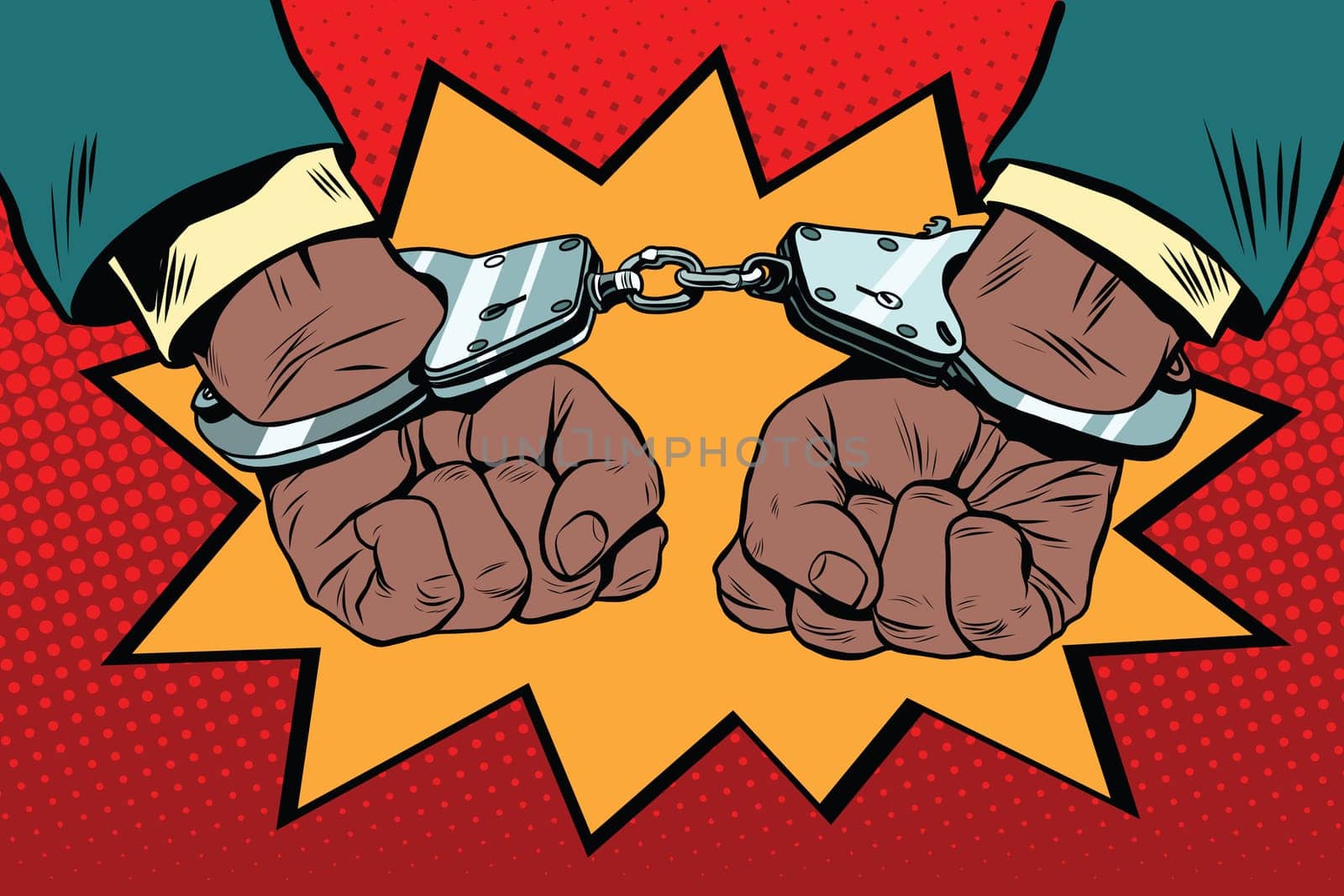 handcuffs behind the back, hands African American, pop art retro illustration. Police violence and human rights