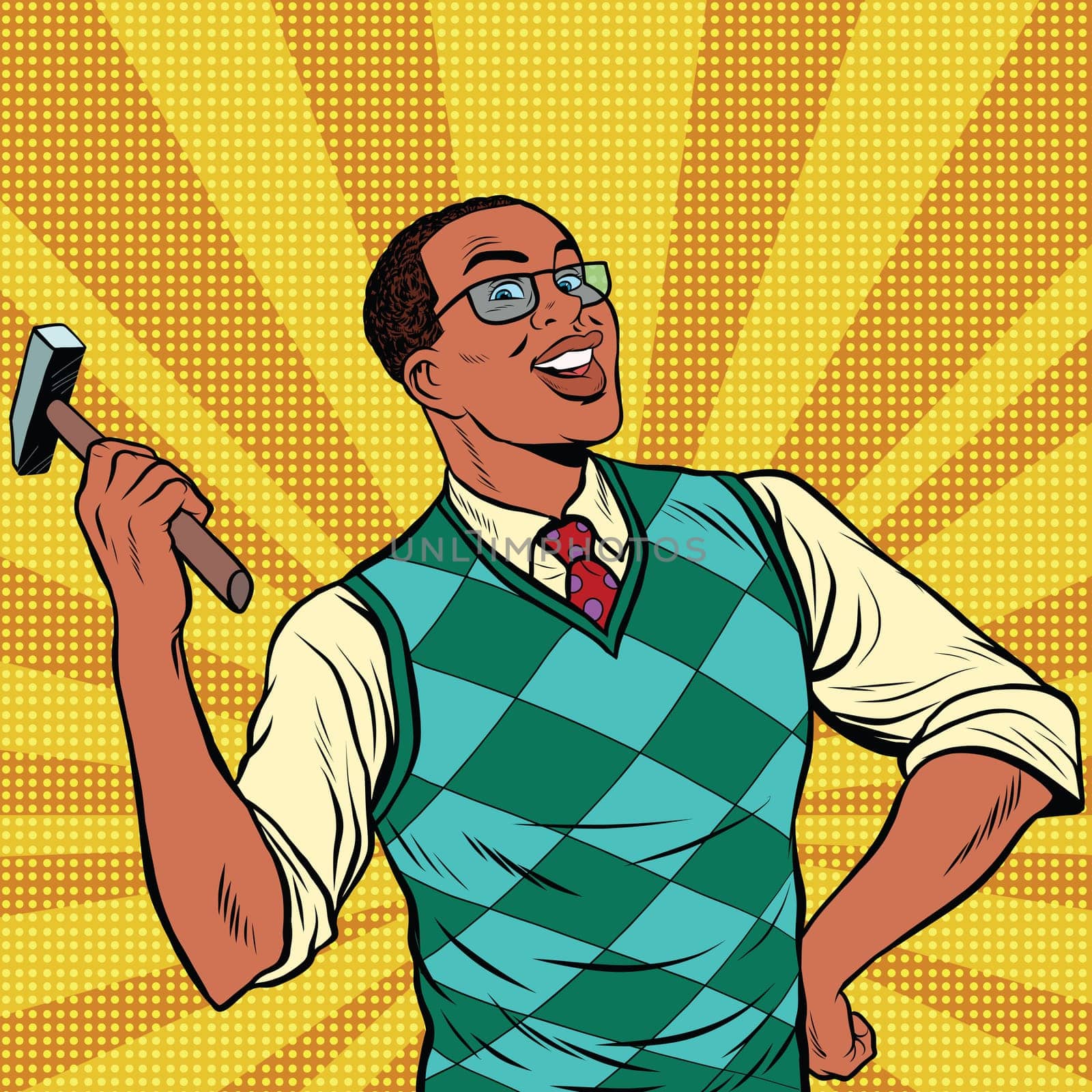 Retro man with a hammer for home repairs, pop art retro comic book vector illustration