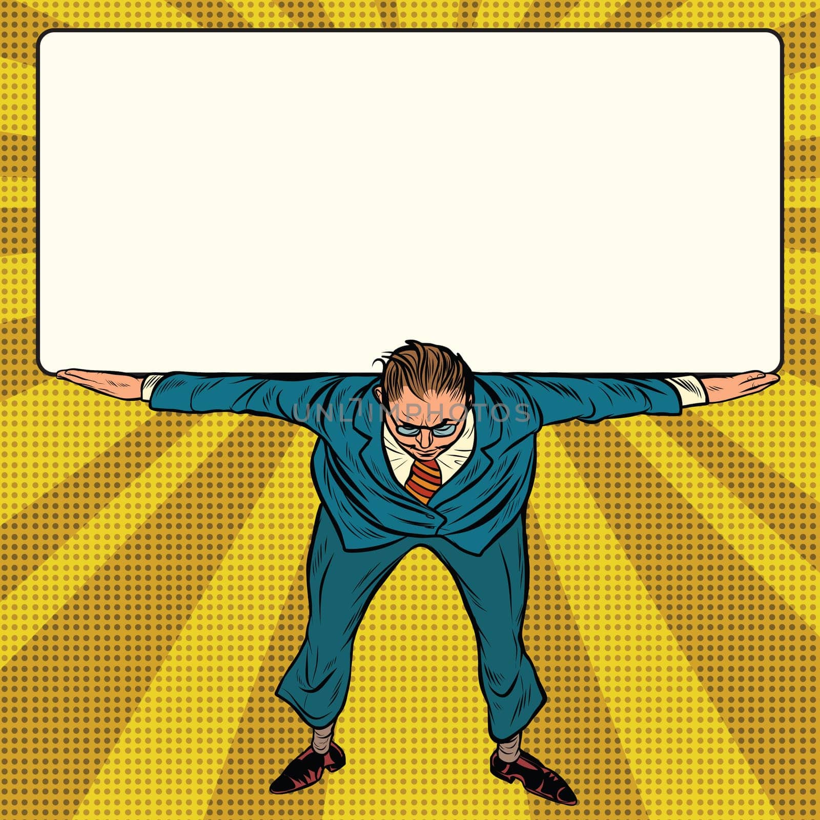 retro businessman holding a heavy banner, pop art vector
