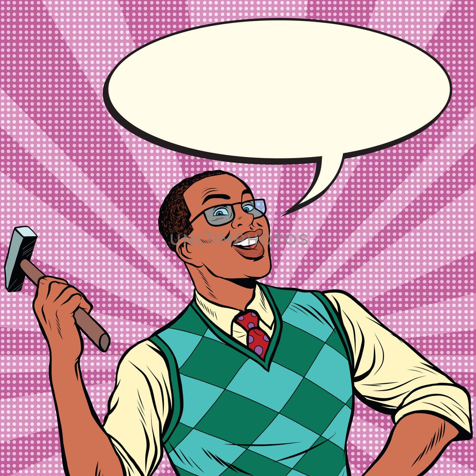 African man with a hammer for home repairs, pop art retro comic book vector illustration
