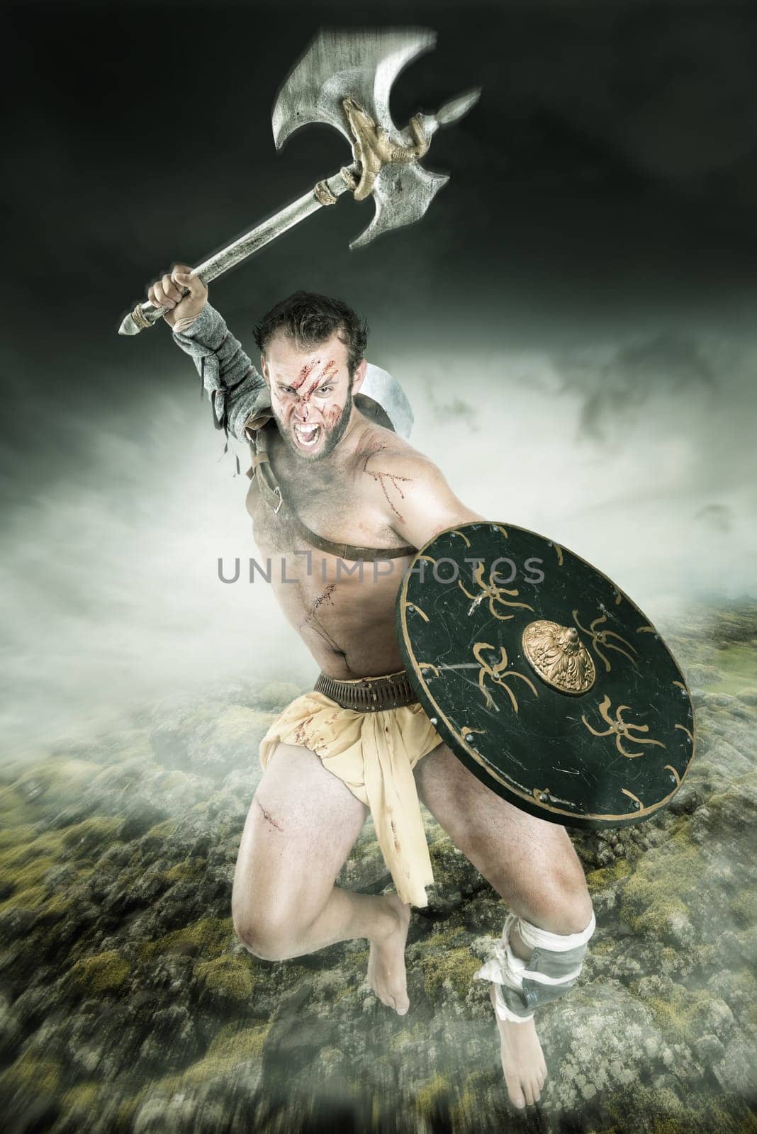 Ancient warrior or Gladiator fighting in a dark environment
