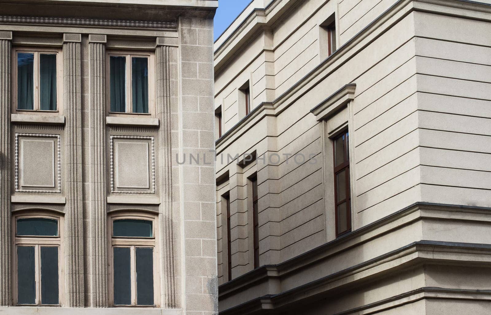 Horizontal close up of buildings with classical architecture
