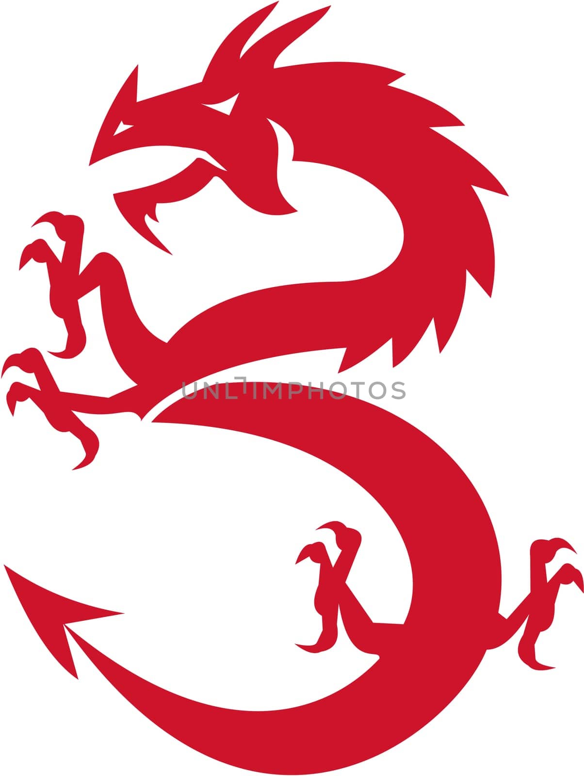 Illustration of a silhouette of a red dragon prancing viewed from the side set on isolated white background done in retro style.