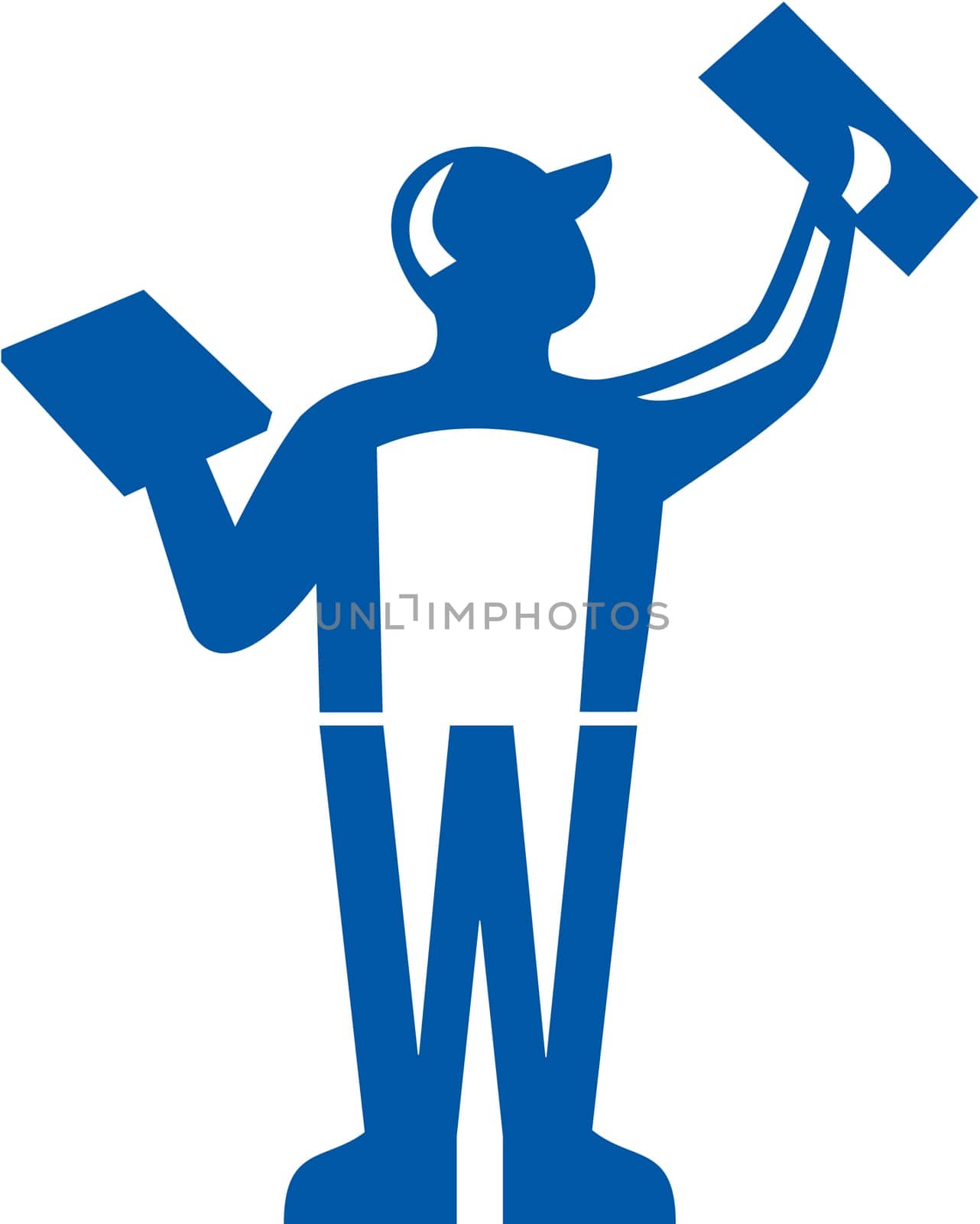 Illustration of a plasterer masonry tradesman construction worker holding trowel plastering viewed from rear set on isolated white background done in retro style.