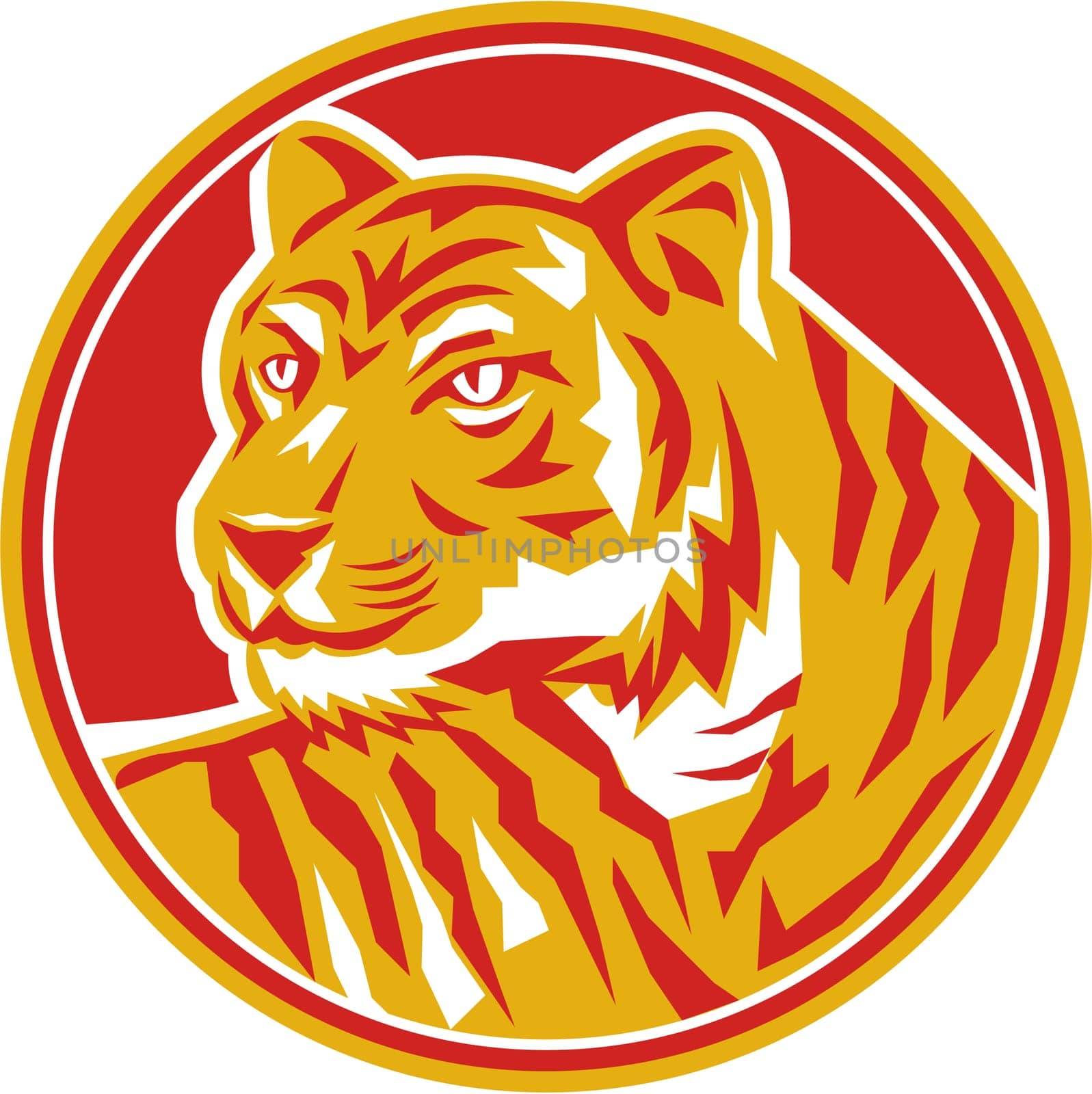 Illustration of an tiger head prowling looking to the side viewed from front set inside circle on isolated background done in retro style.