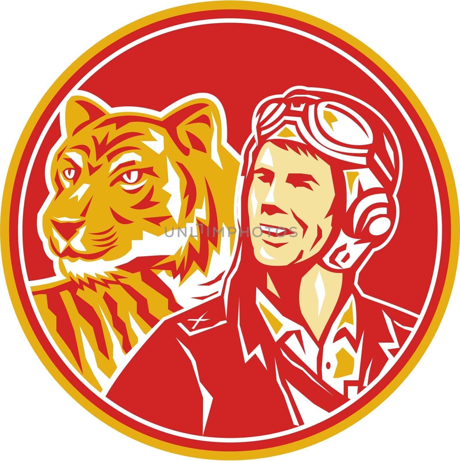 Illustration of a world war two pilot airman aviator and tiger looking to the side set inside circle done in retro style.
