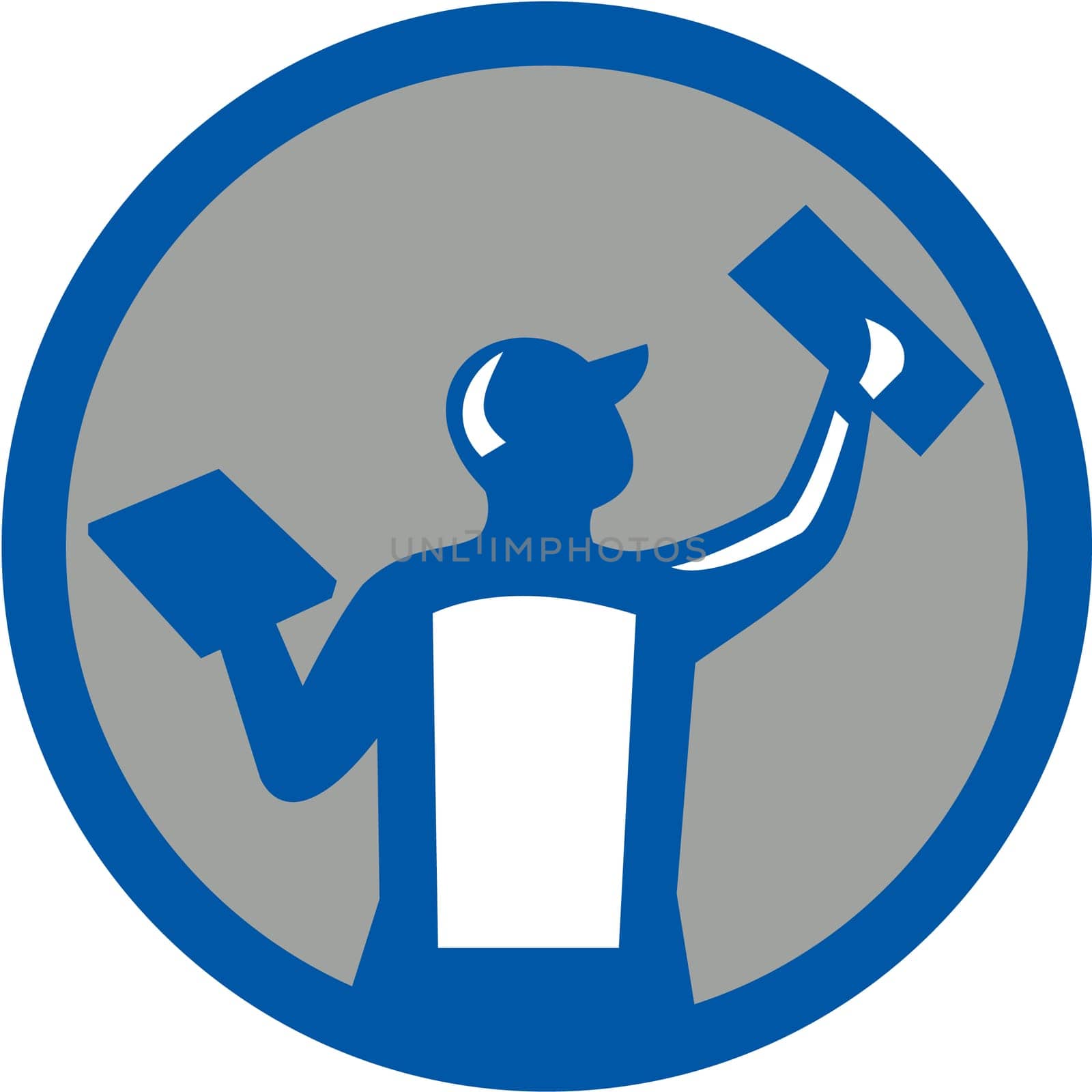 Illustration of a plasterer masonry tradesman construction worker holding trowel plastering viewed from rear set inside circle on isolated background done in retro style.