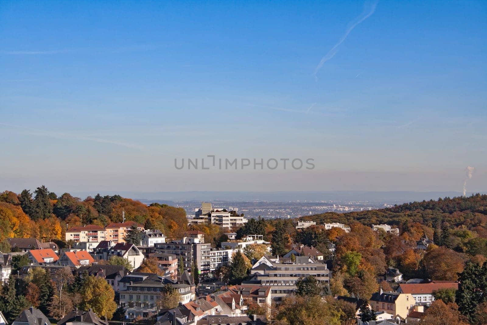 View from the castle ruin Koenigstein to the autumnal Rhein Main Ebene, Hesse, Germany