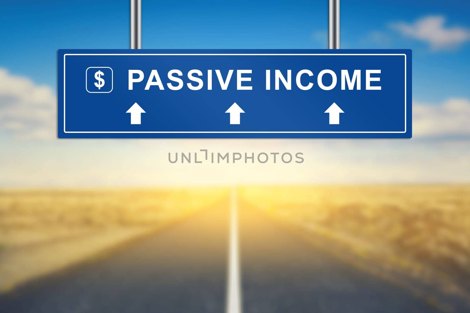 passive income words on blue road sign with blurred background