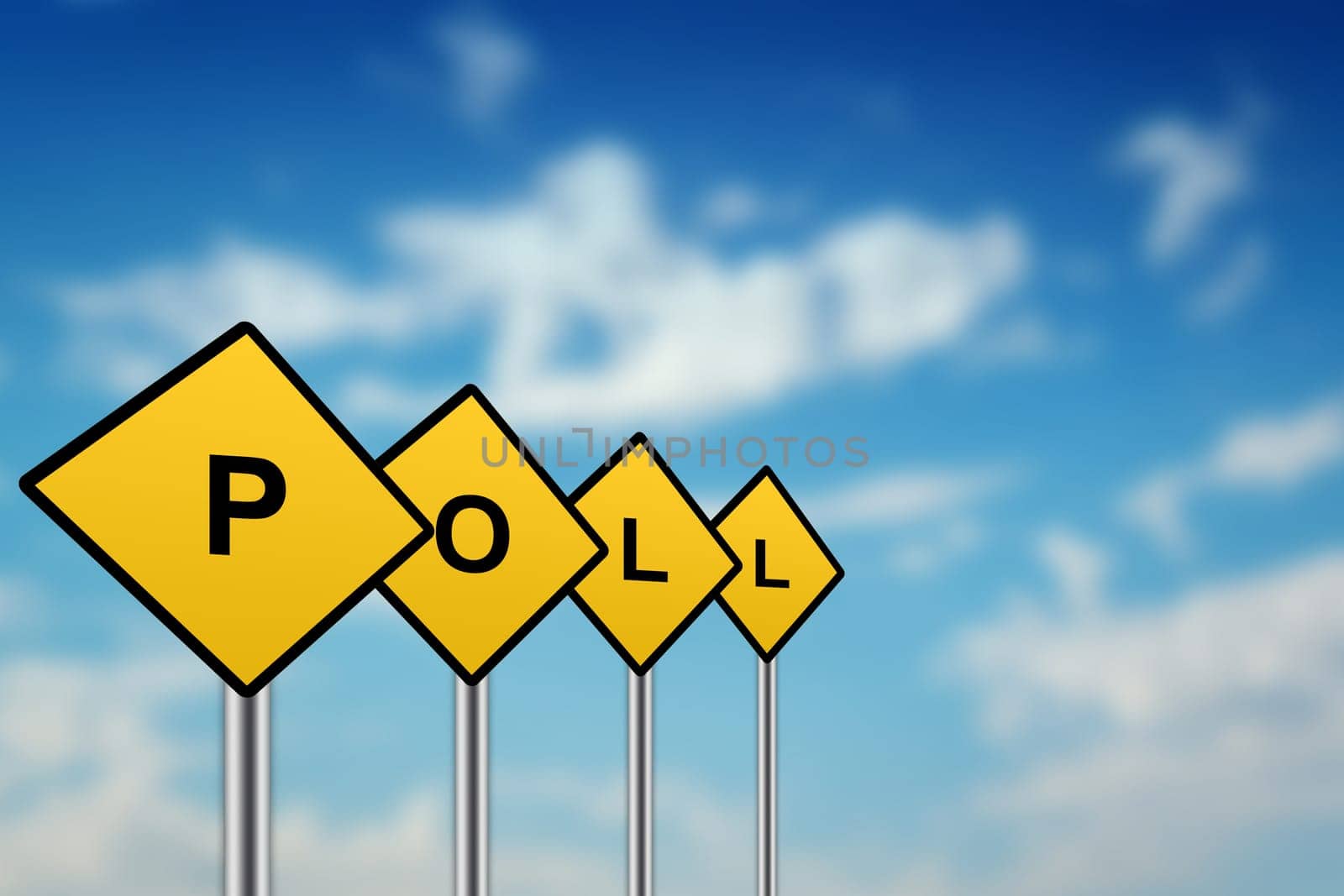 poll on yellow road sign with blurred sky background
