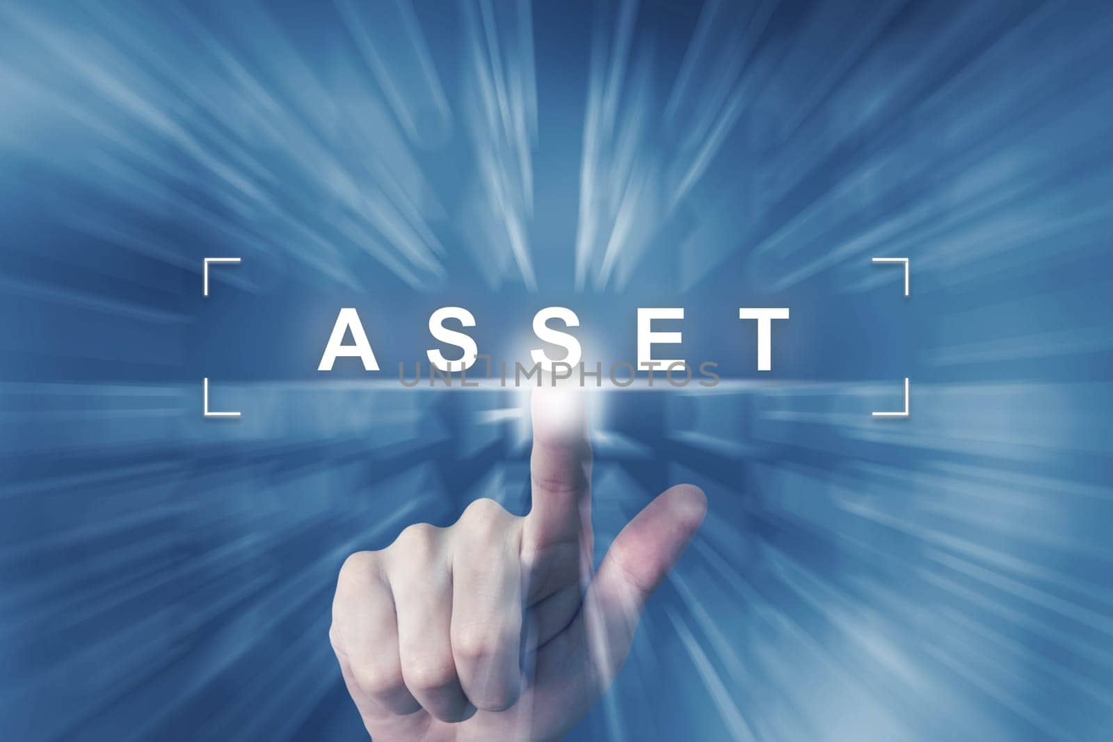 hand clicking on asset button with zoom effect background