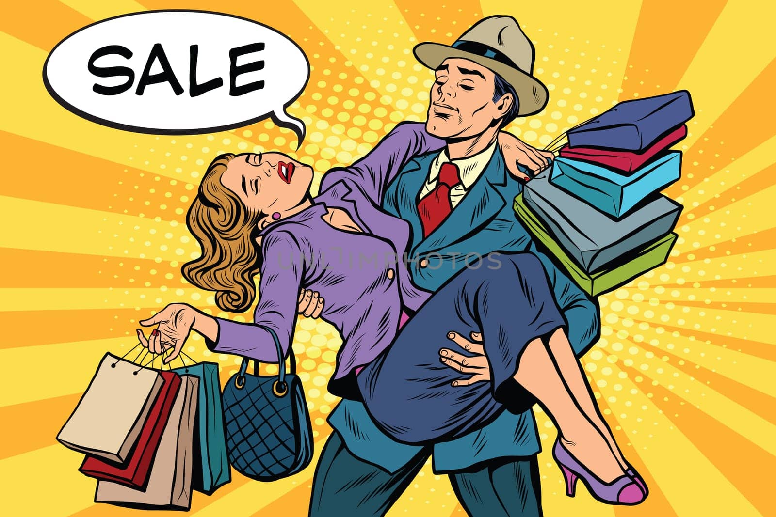 Discounts and sales. Retro man carrying woman on his hands, pop art vector. The concept of the sale season, the holidays and Black Friday