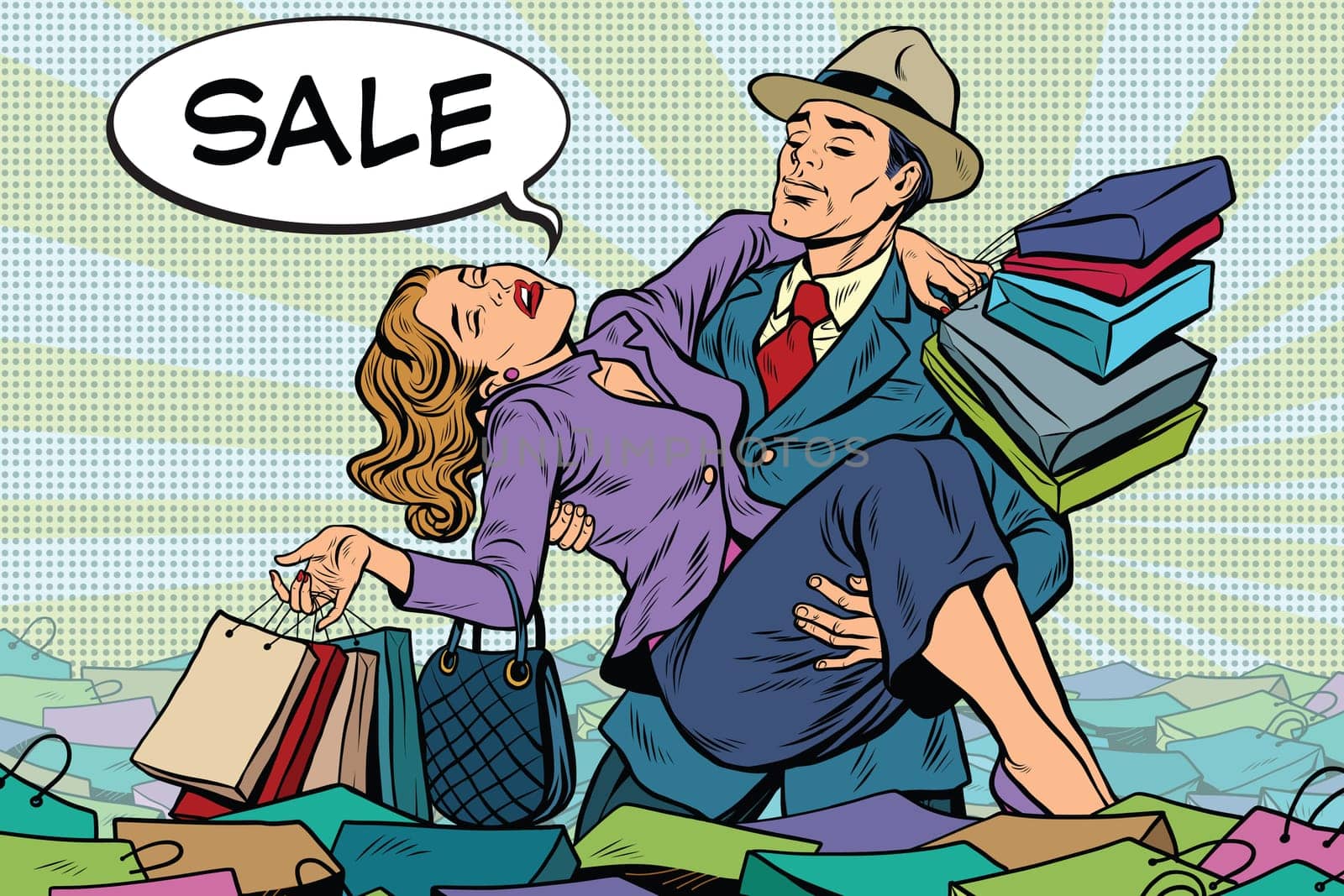 Retro man rescues a woman from sales and purchases, pop art vector. Holiday sales and Black Friday
