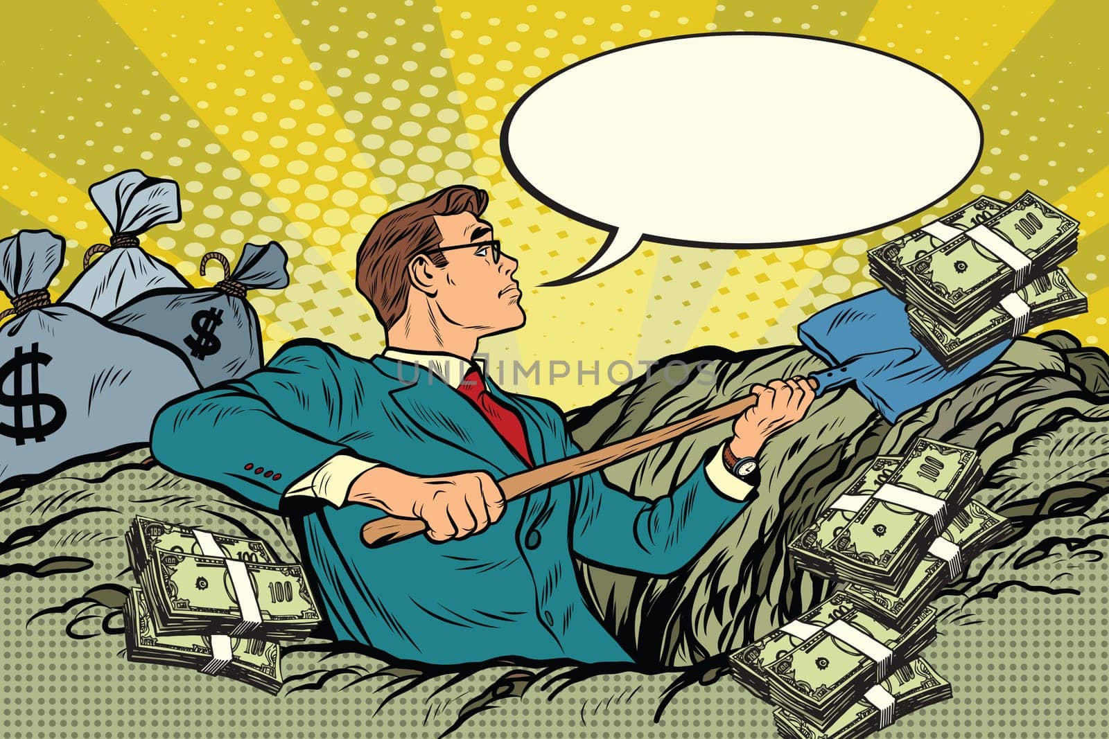 Retro businessman digs up money from the ground, pop art vector. Business and Finance