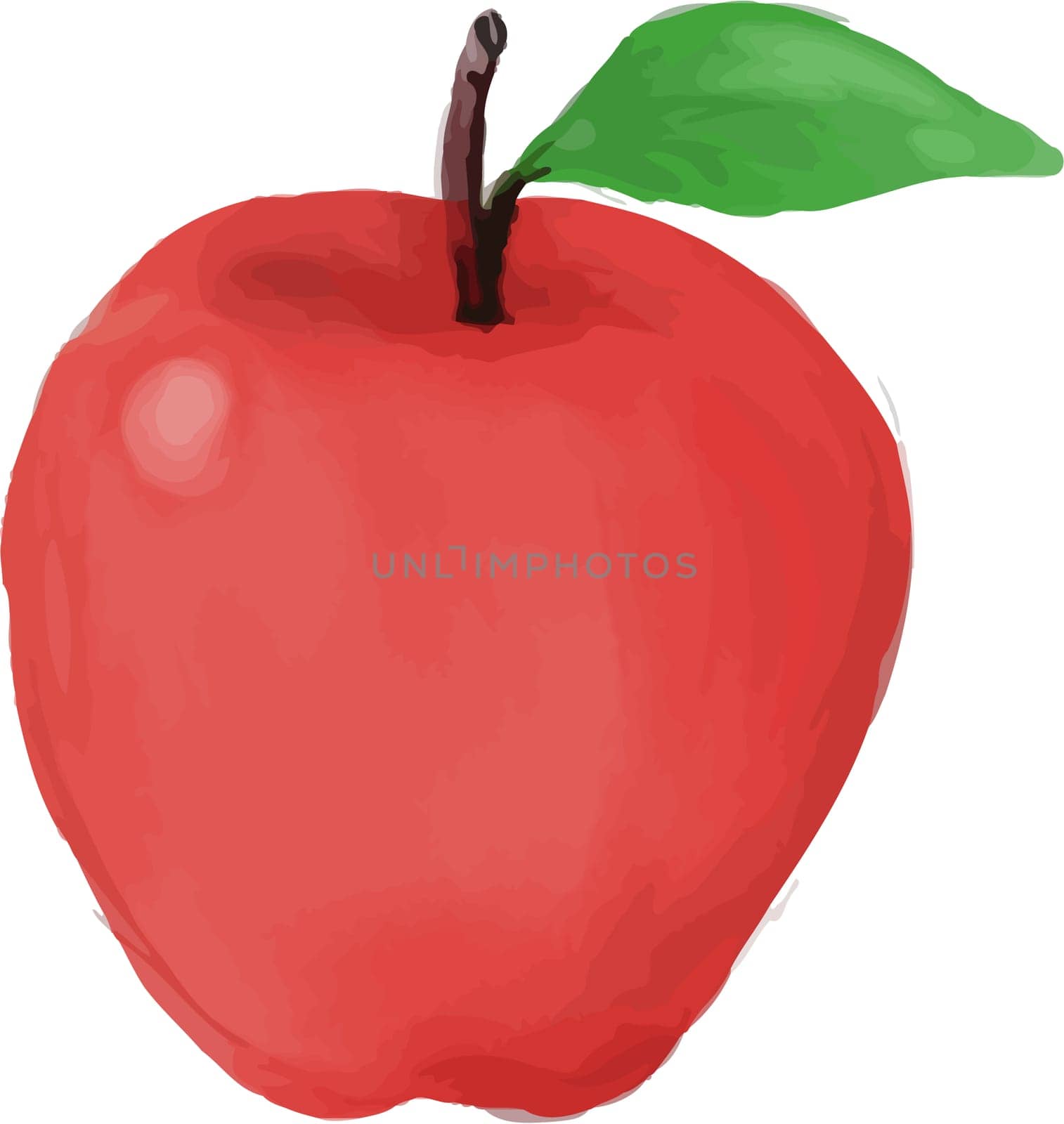 Watercolor style illustration of a red apple with leaf viewed from front set on isolated white background.