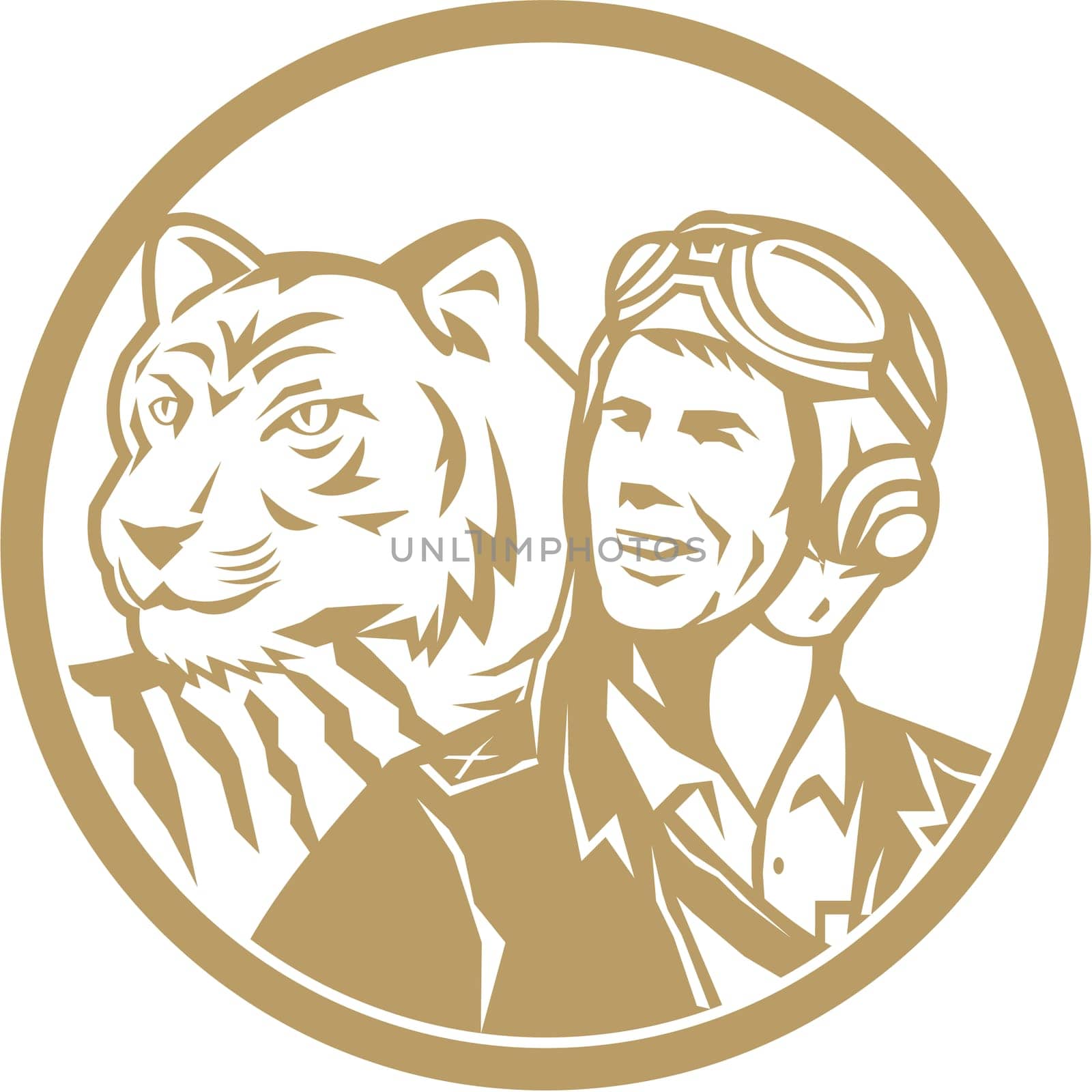 Illustration of a world war two pilot airman aviator and tiger looking to the side set inside circle done in gold retro style.