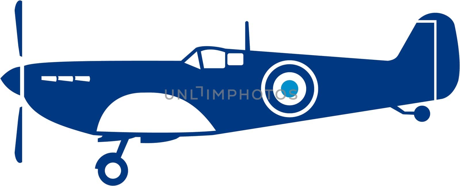 Illustration of a world war two fighter airplane spitfire viewed from the side set on isolated white background done in retro style.