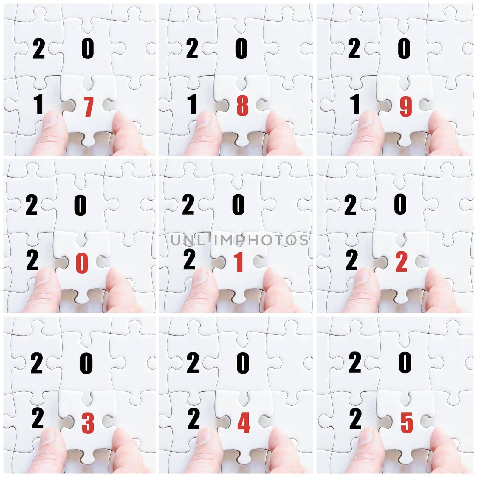 Photo collage with hand of business man completing the puzzle with the last missing piece