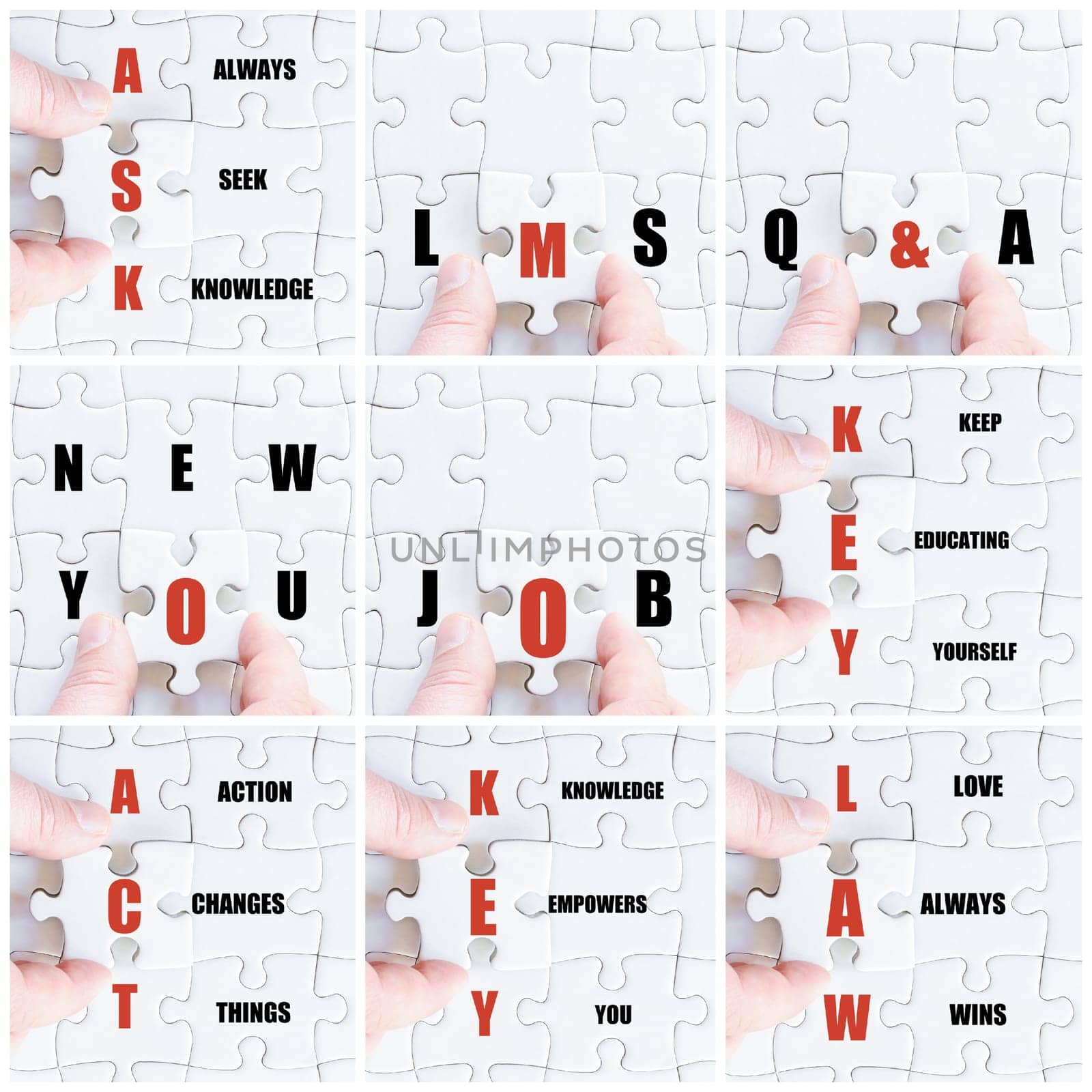 Photo collage with hand of business man completing the puzzle with the last missing piece