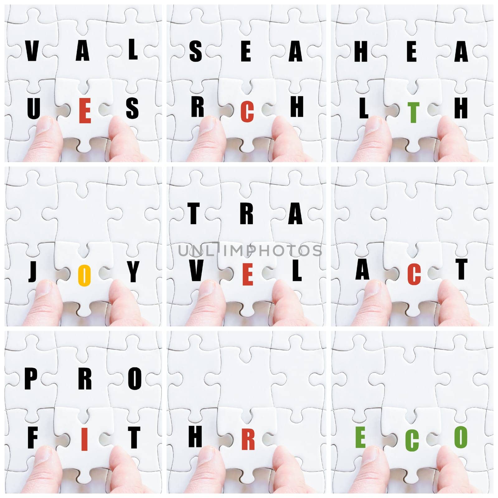Photo collage with hand of business man completing the puzzle with the last missing piece